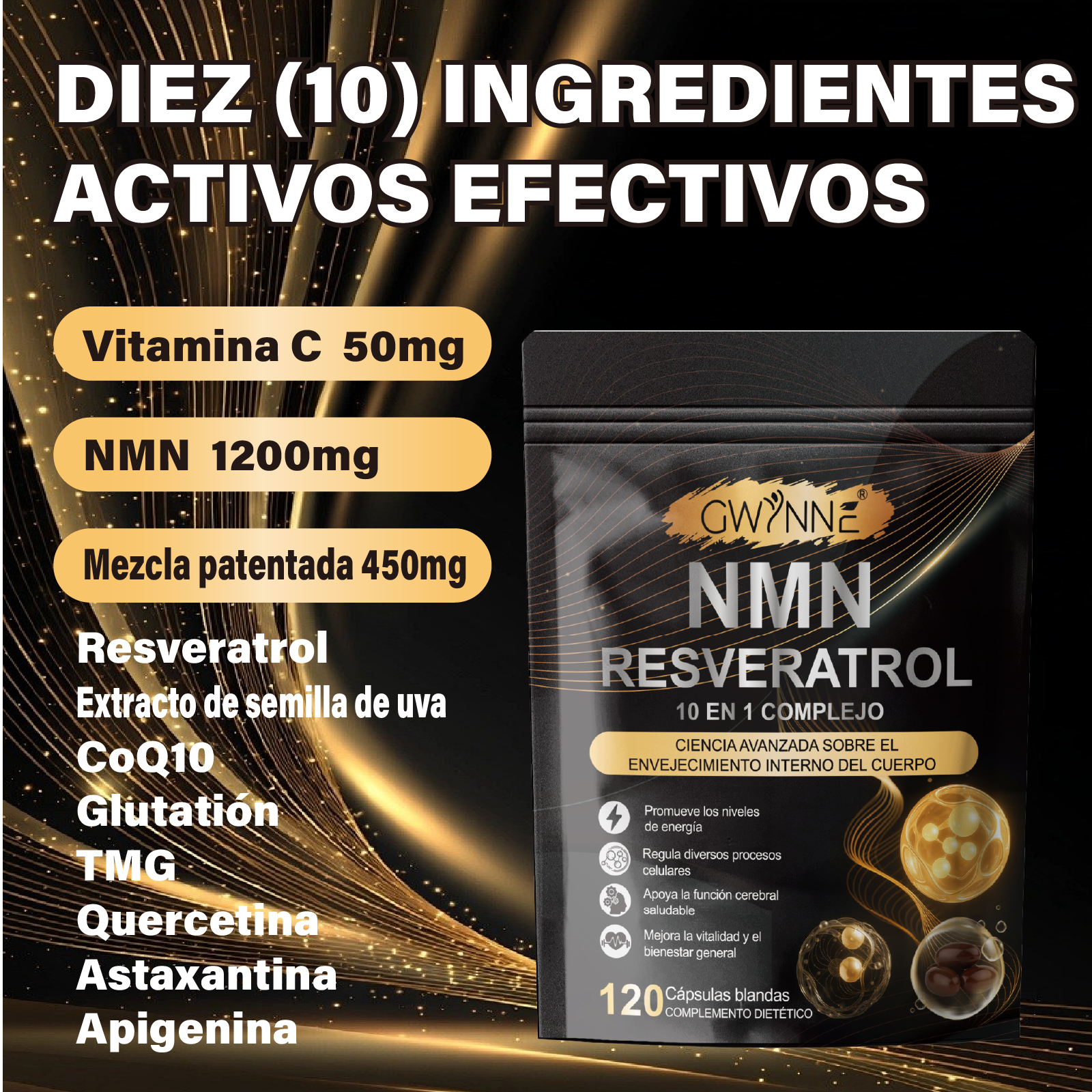 Gwynne Nmn Resveratrol 10 En 1 Complejo 1200mg Suplemento Con Resveratrol,coq10 Y Glutatión,aumentar La Energía Celular, Apoyar La Salud Cerebral Y El Anti-envejecimiento,120 Cápsulas