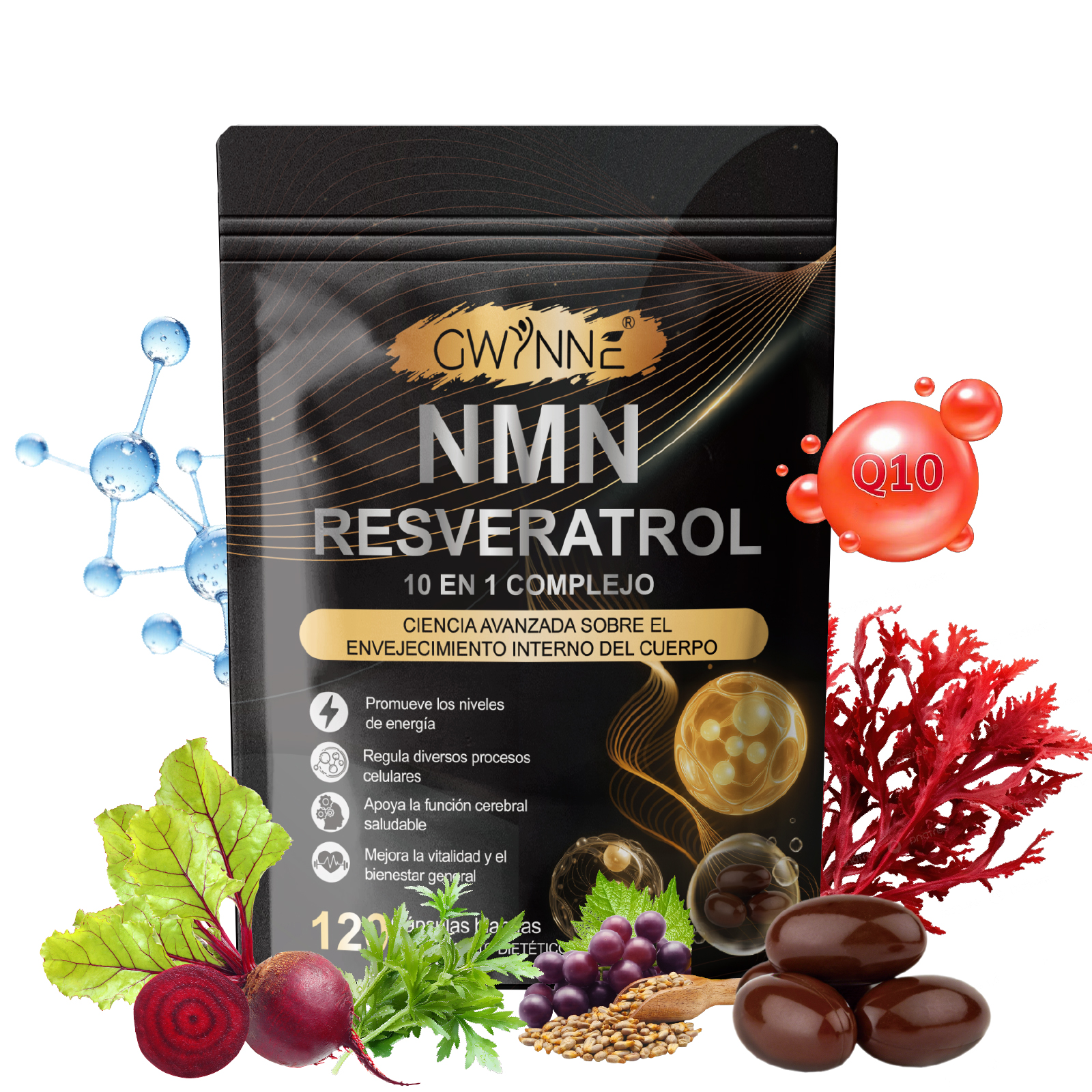 Gwynne Nmn Resveratrol 10 En 1 Complejo 1200mg Suplemento Con Resveratrol,coq10 Y Glutatión,aumentar La Energía Celular, Apoyar La Salud Cerebral Y El Anti-envejecimiento,120 Cápsulas