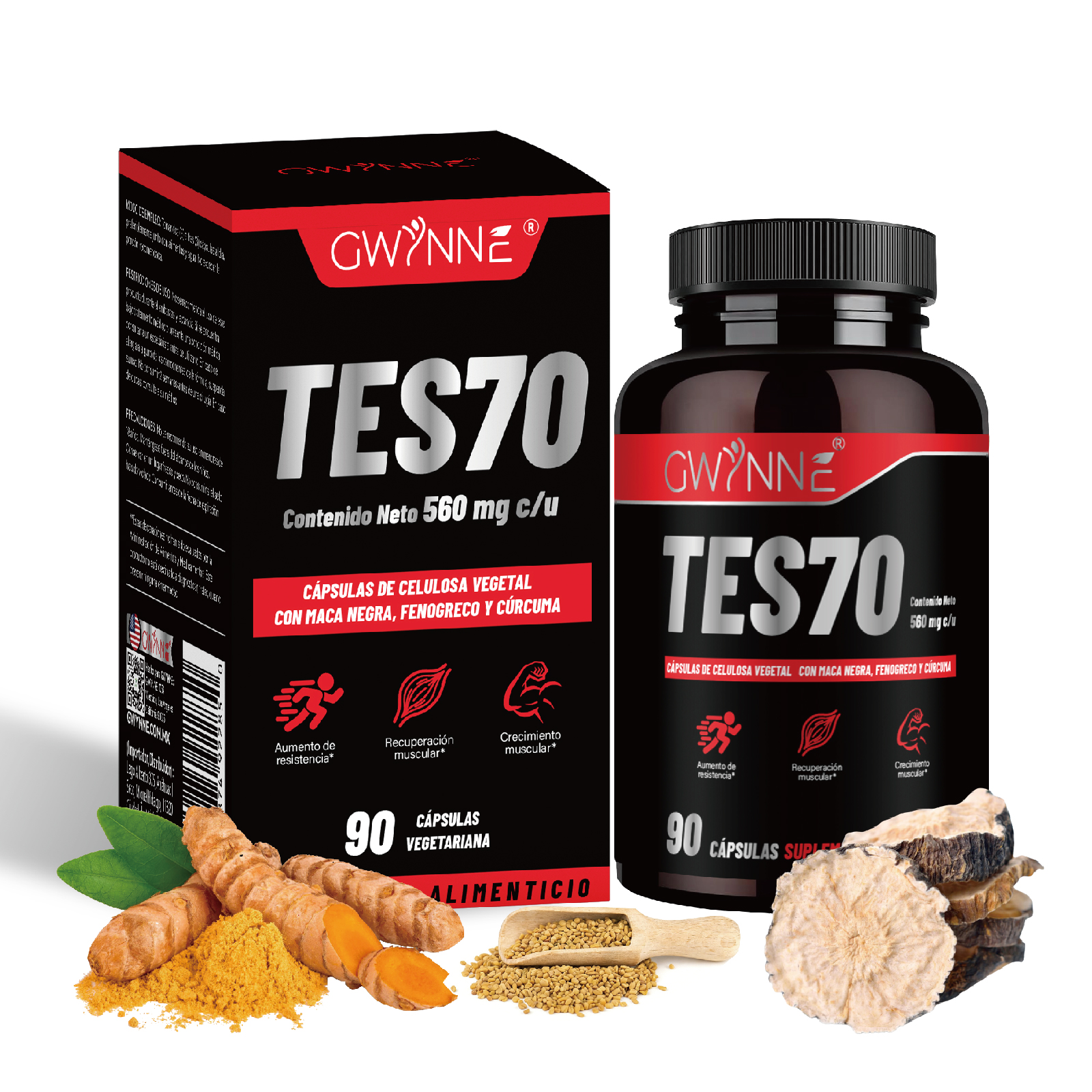 Gwynne Tes70 560mg Con Maca Negra,fenogreco,creatina Y Cúrcuma,aumento De Resistencia, Recuperación Muscular Y Crecimiento Muscular,90 Cápsulas
