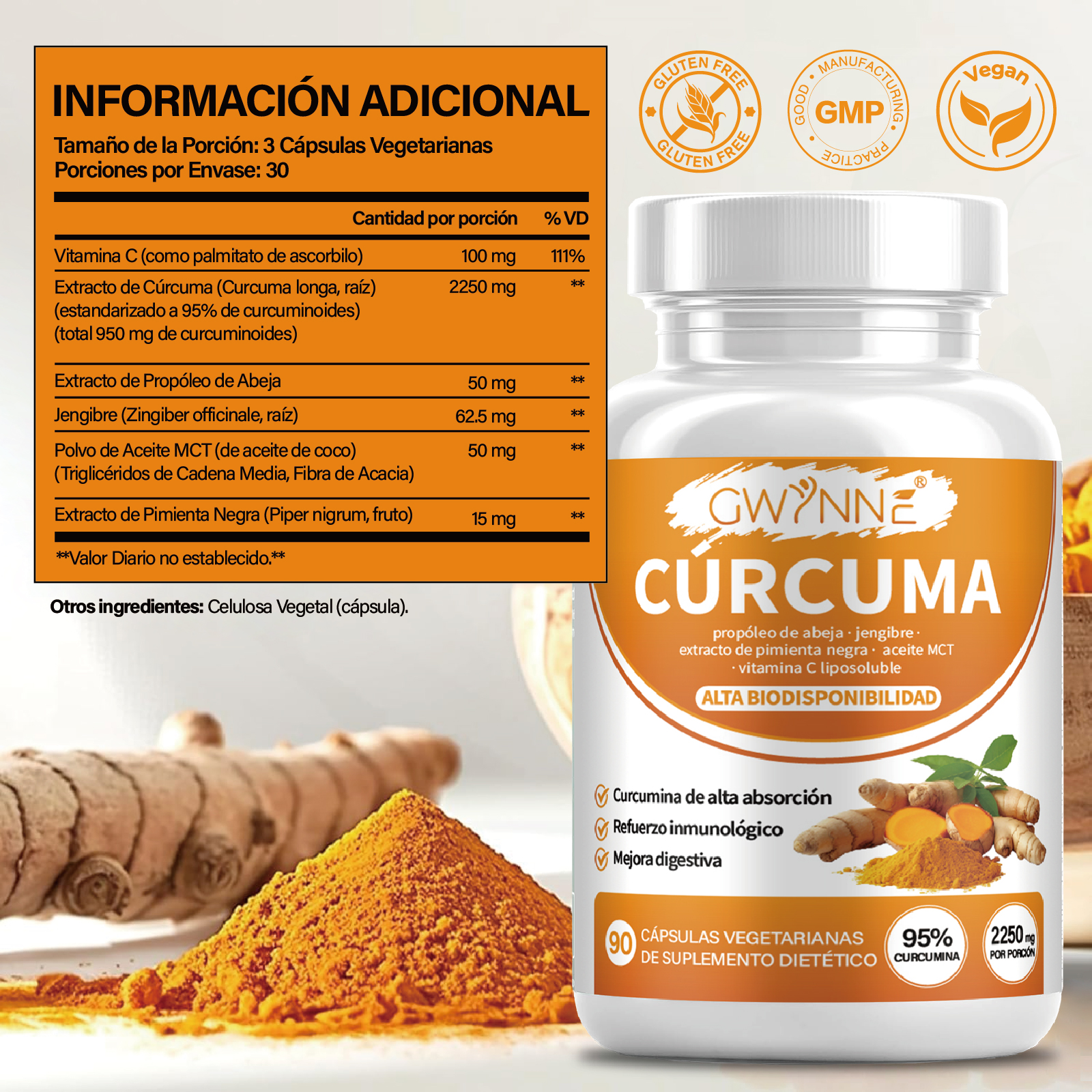 Gwynne Curcumin Turmeric 2250mg 90 Capsules- Curcuminoides Al 95% Con Extracto Orgánico De Cúrcuma ,gengibre,pimienta Negra Y Extracto De Propólis De Abejas,apoyo Diario A La Salud Articular E Inmune