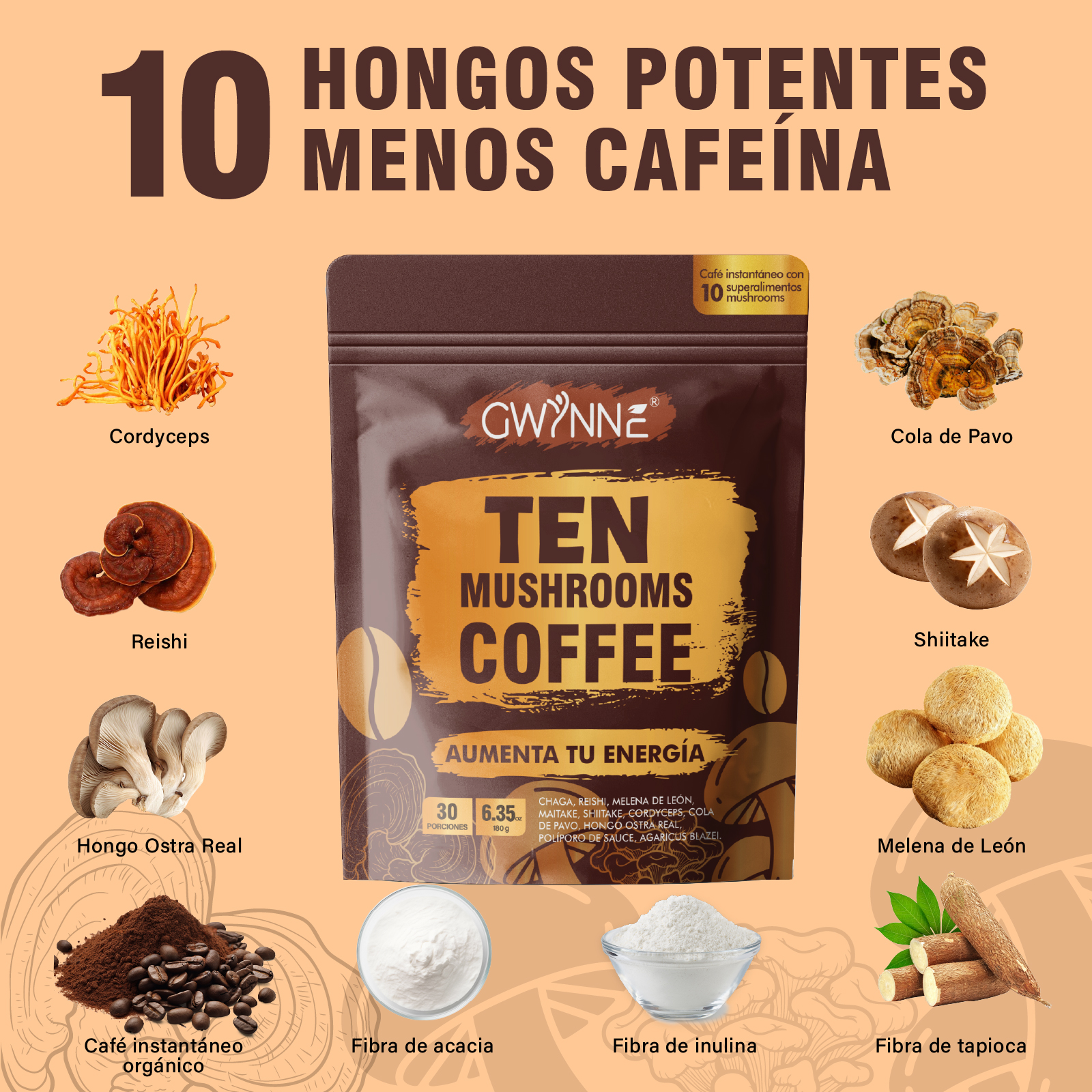 Gwynne Ten Mushrooms Coffee Con Reishi,cordyceps,shiitake Y Melena De León,30 Porciones, Aumenta Energía,concentración,salud Intestinal Y Apoyo Inmunológico,180g