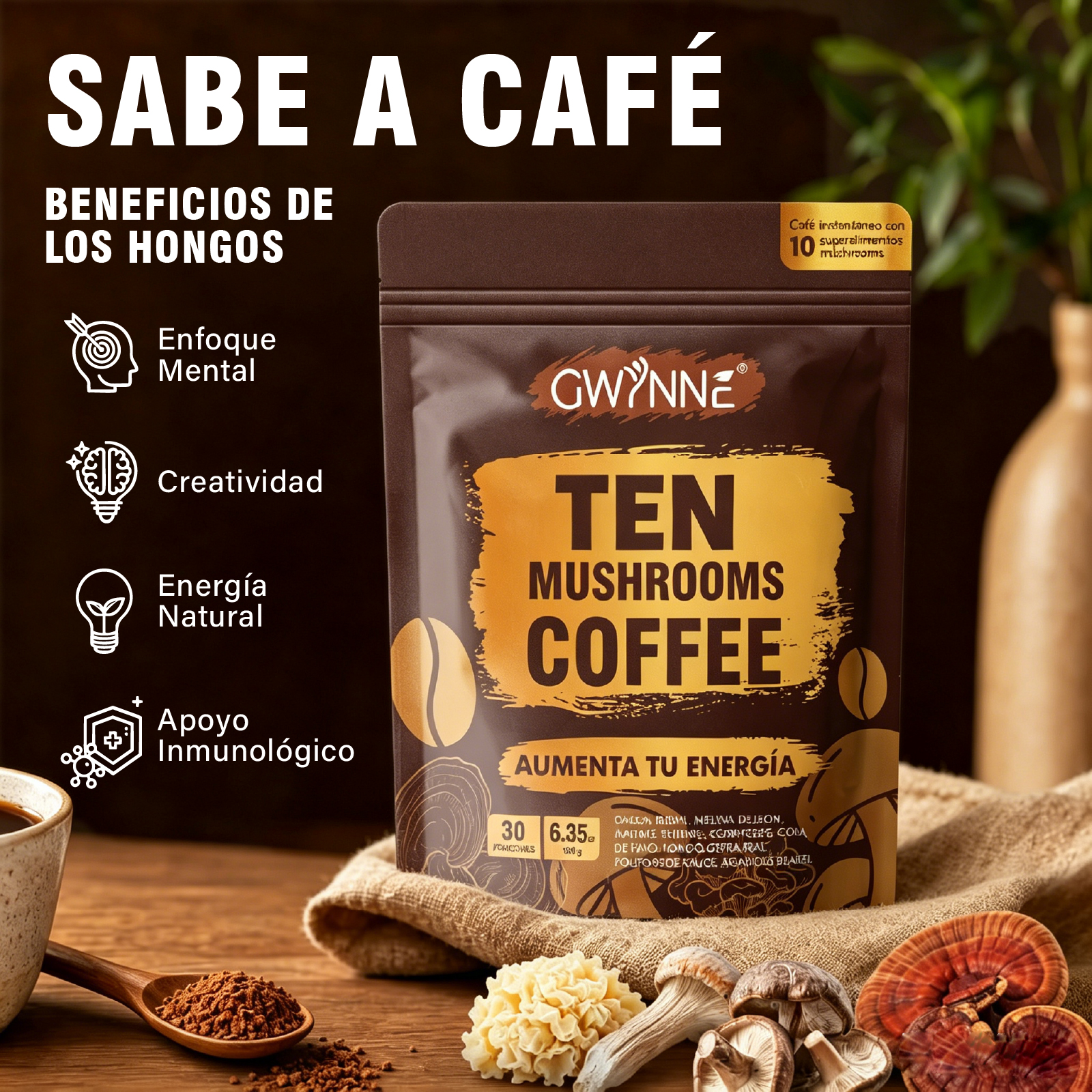 Gwynne Ten Mushrooms Coffee Con Reishi,cordyceps,shiitake Y Melena De León,30 Porciones, Aumenta Energía,concentración,salud Intestinal Y Apoyo Inmunológico,180g