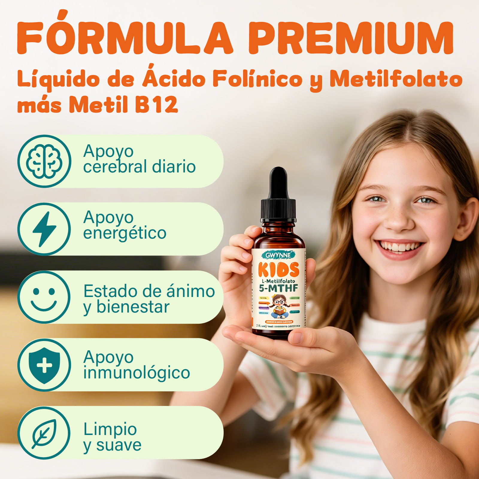 GWYNNE Kids L-Metilfolato 5-MTHF Gotas Líquidas,Fórmula Doble Folato con Vitamina C,B12, B6, D3 y Magnesio, Apoyo Cerebral Diario, Energía, Estado de Ánimo,60ml