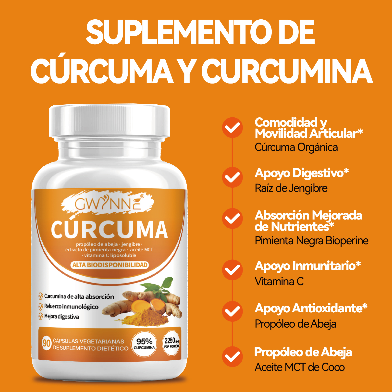 Gwynne Curcumin Turmeric 2250mg 90 Capsules- Curcuminoides Al 95% Con Extracto Orgánico De Cúrcuma ,gengibre,pimienta Negra Y Extracto De Propólis De Abejas,apoyo Diario A La Salud Articular E Inmune