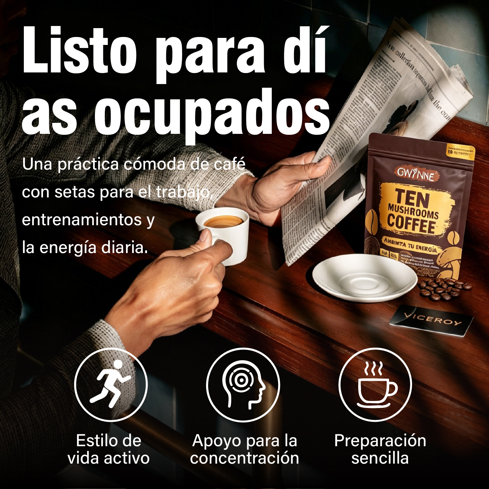 Gwynne Ten Mushrooms Coffee Con Reishi,cordyceps,shiitake Y Melena De León,30 Porciones, Aumenta Energía,concentración,salud Intestinal Y Apoyo Inmunológico,180g
