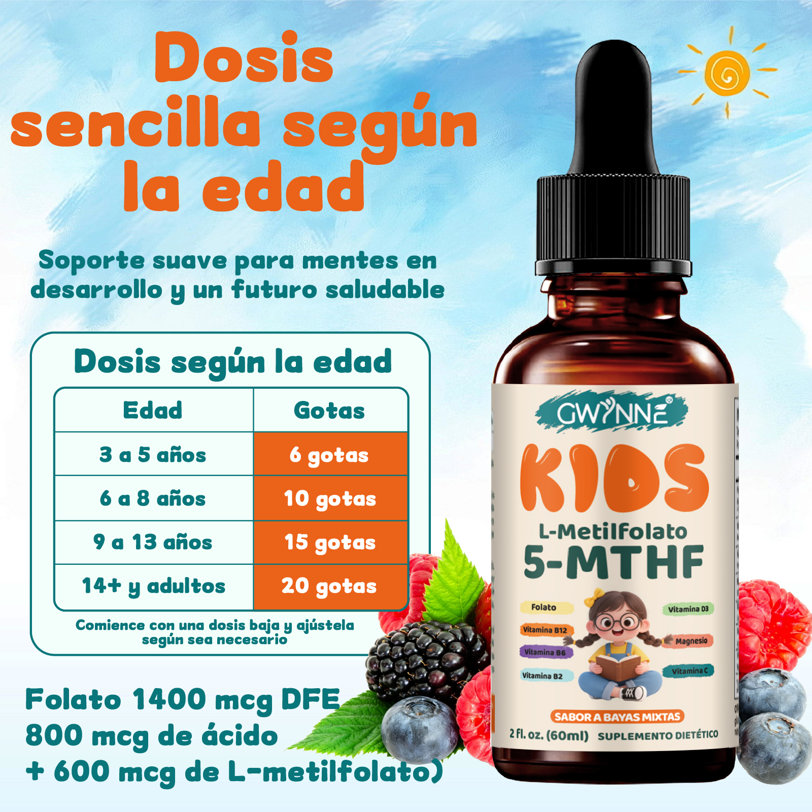GWYNNE Kids L-Metilfolato 5-MTHF Gotas Líquidas,Fórmula Doble Folato con Vitamina C,B12, B6, D3 y Magnesio, Apoyo Cerebral Diario, Energía, Estado de Ánimo,60ml