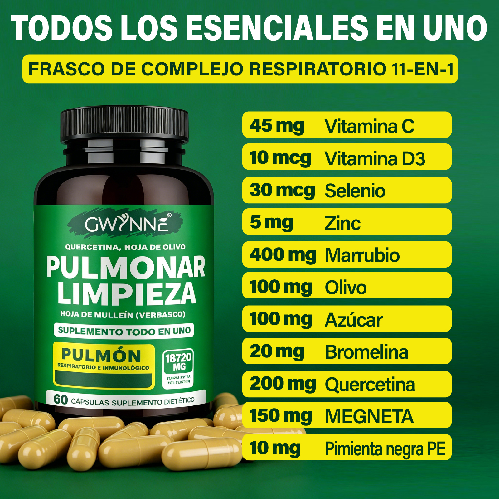 Gwynne Pulmonar Limpieza Suplemento,para Limpieza Pulmonar Y Apoyo Respiratorio Natural,con Marrubio,quercetina Y Hoja De Olivo,respira Libremente Y Fortalece Tu Sistema Inmunológico,60 Cápsulas
