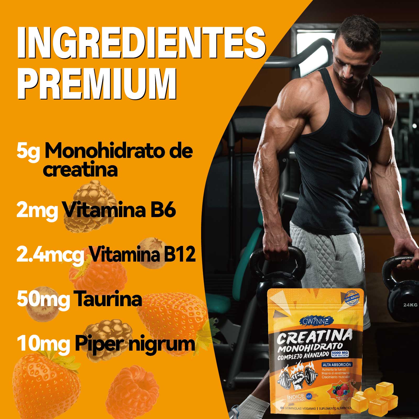 Gwynne Creatina Monohidrato Complejo Avanzado Suplemento Con Taurina,piper Nigrum,vitamina B6 Y B12,crecimiento Muscular,crecimiento De Las Caderas,salud De Las Articulaciones Y La Piel,60 Gummies