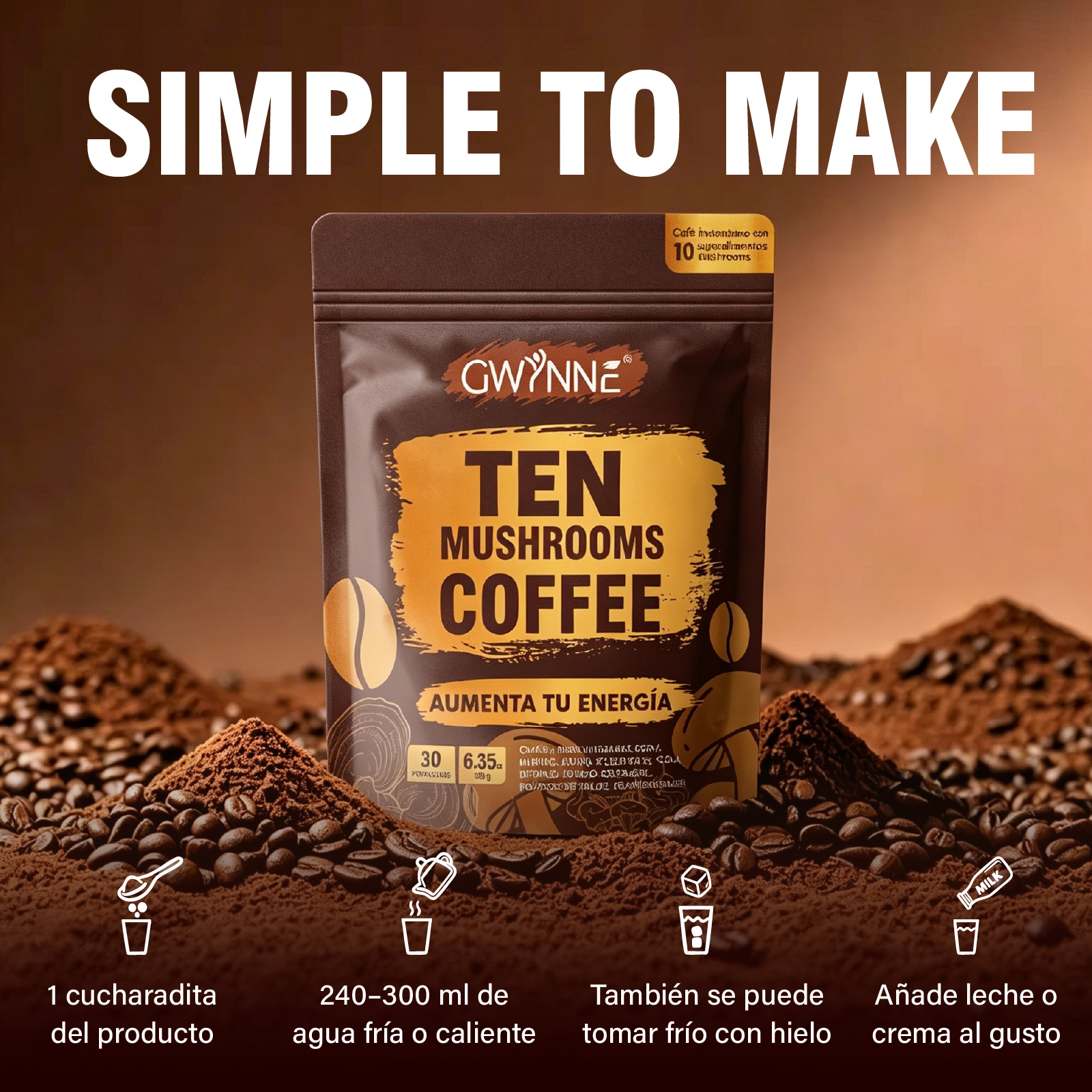 Gwynne Ten Mushrooms Coffee Con Reishi,cordyceps,shiitake Y Melena De León,30 Porciones, Aumenta Energía,concentración,salud Intestinal Y Apoyo Inmunológico,180g