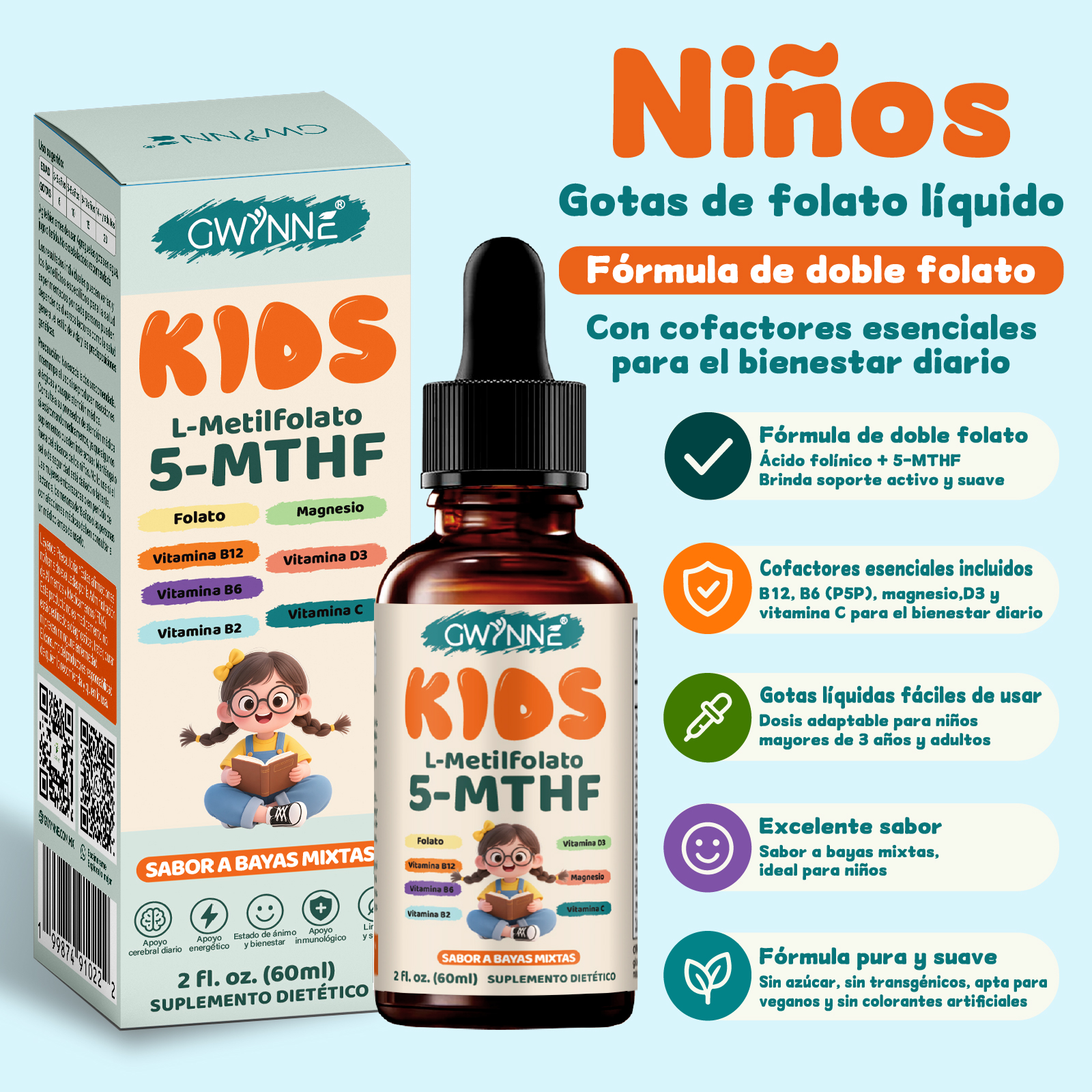 GWYNNE Kids L-Metilfolato 5-MTHF Gotas Líquidas,Fórmula Doble Folato con Vitamina C,B12, B6, D3 y Magnesio, Apoyo Cerebral Diario, Energía, Estado de Ánimo,60ml