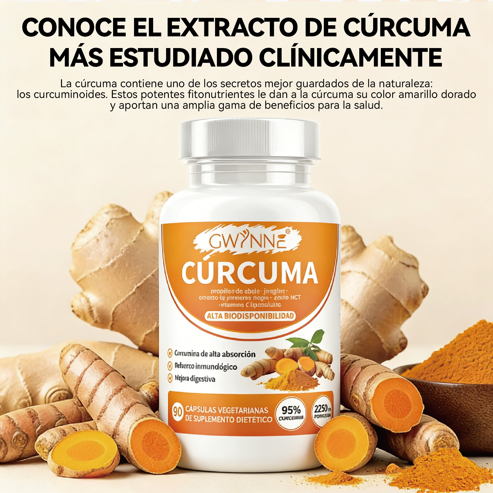 Gwynne Curcumin Turmeric 2250mg 90 Capsules- Curcuminoides Al 95% Con Extracto Orgánico De Cúrcuma ,gengibre,pimienta Negra Y Extracto De Propólis De Abejas,apoyo Diario A La Salud Articular E Inmune