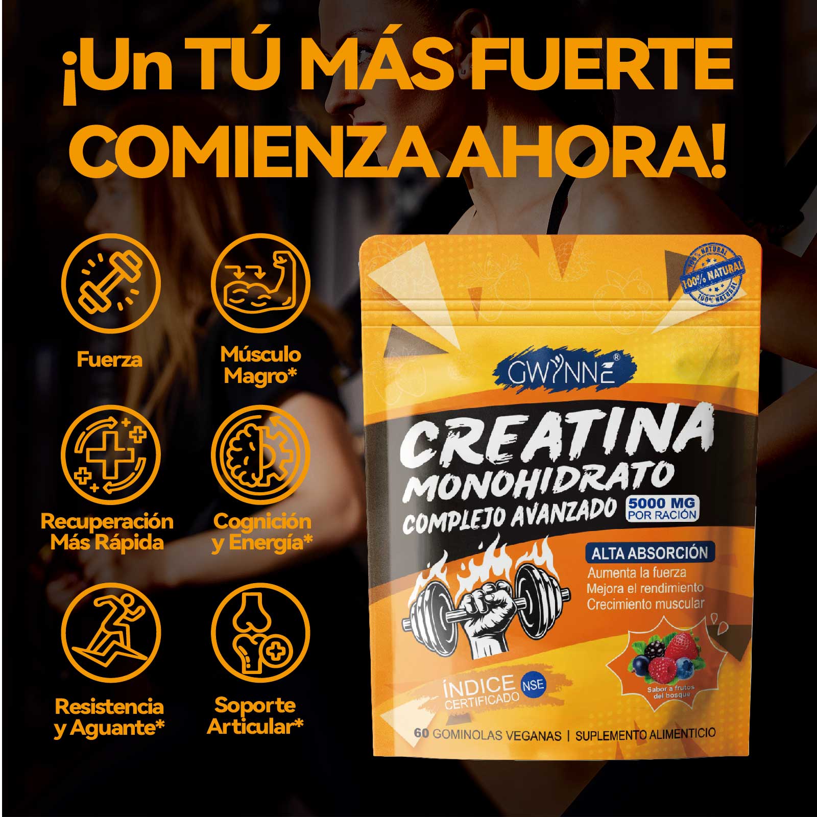 Gwynne Creatina Monohidrato Complejo Avanzado Suplemento Con Taurina,piper Nigrum,vitamina B6 Y B12,crecimiento Muscular,crecimiento De Las Caderas,salud De Las Articulaciones Y La Piel,60 Gummies