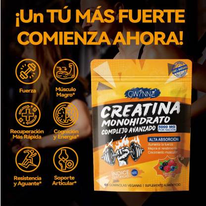 Gwynne Creatina Monohidrato Complejo Avanzado Suplemento Con Taurina,piper Nigrum,vitamina B6 Y B12,crecimiento Muscular,crecimiento De Las Caderas,salud De Las Articulaciones Y La Piel,60 Gummies