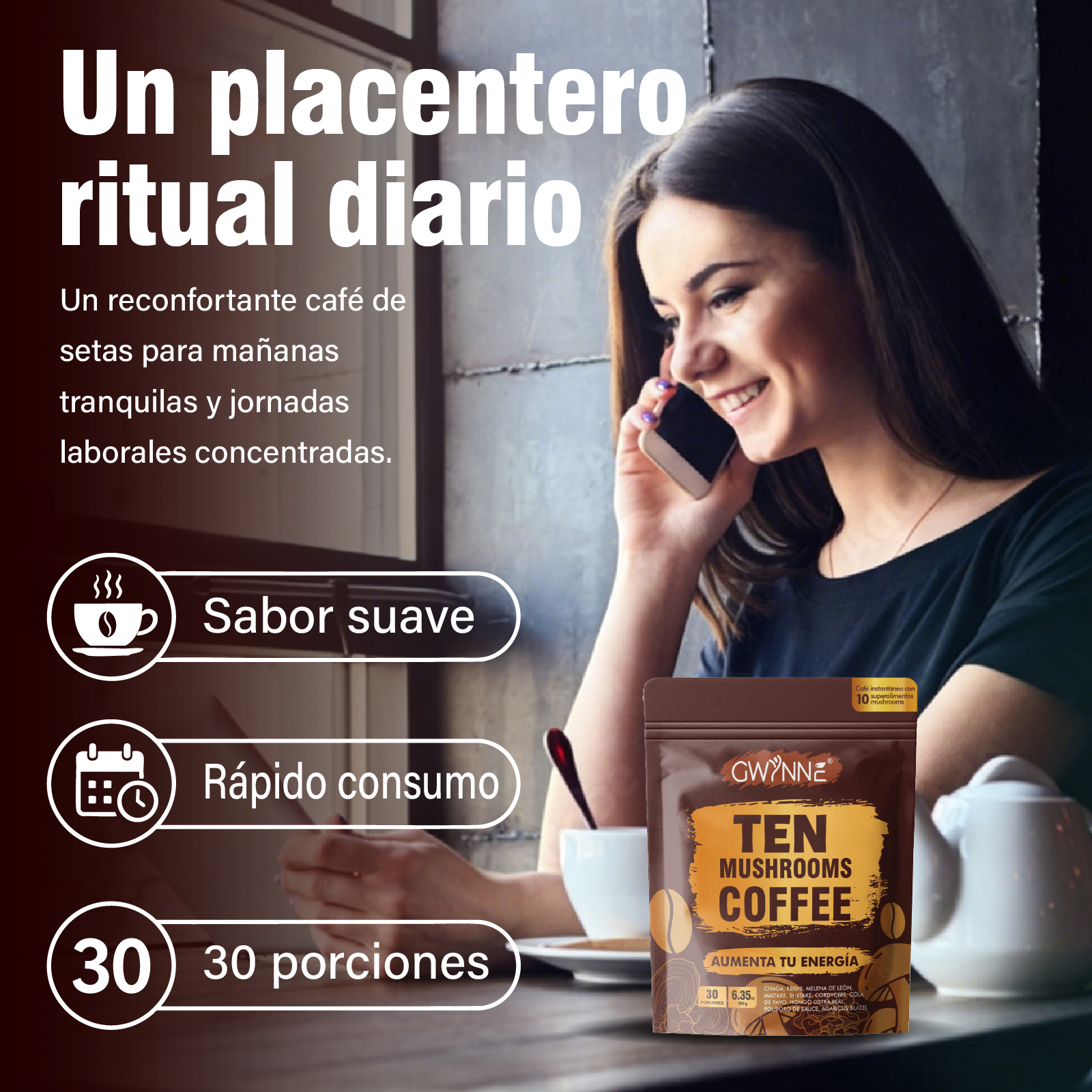 Gwynne Ten Mushrooms Coffee Con Reishi,cordyceps,shiitake Y Melena De León,30 Porciones, Aumenta Energía,concentración,salud Intestinal Y Apoyo Inmunológico,180g