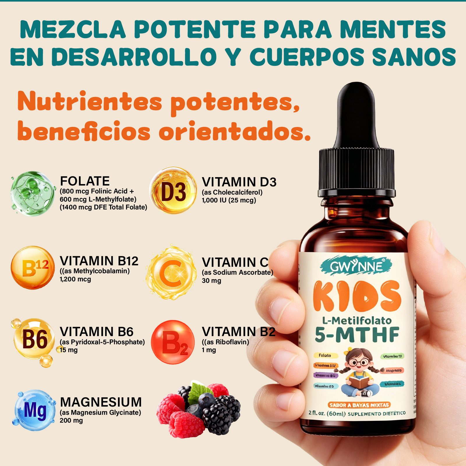GWYNNE Kids L-Metilfolato 5-MTHF Gotas Líquidas,Fórmula Doble Folato con Vitamina C,B12, B6, D3 y Magnesio, Apoyo Cerebral Diario, Energía, Estado de Ánimo,60ml