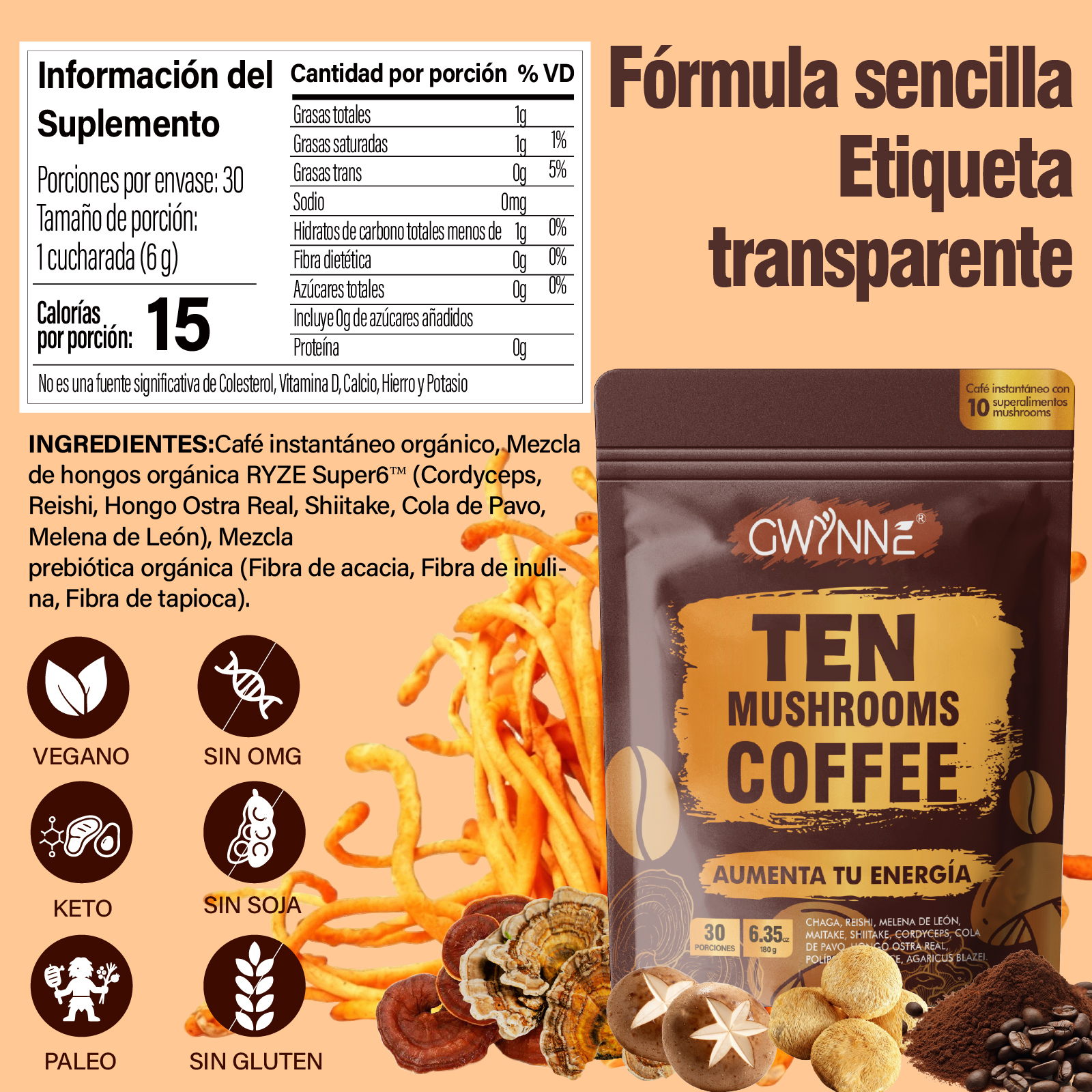 Gwynne Ten Mushrooms Coffee Con Reishi,cordyceps,shiitake Y Melena De León,30 Porciones, Aumenta Energía,concentración,salud Intestinal Y Apoyo Inmunológico,180g