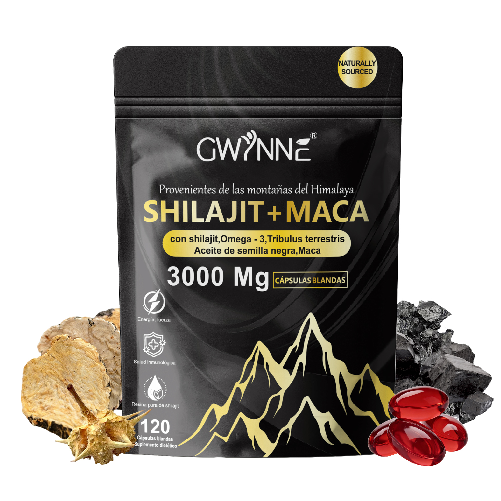 Gwynne Shilajit + Maca Del Himalaya 120 Cáps,con Shilajit 3000mg,omega-3,tribulus Y Maca,salud Cardio-cerebra,aumento De Energia,antiinflamatorio Y Antioxidante