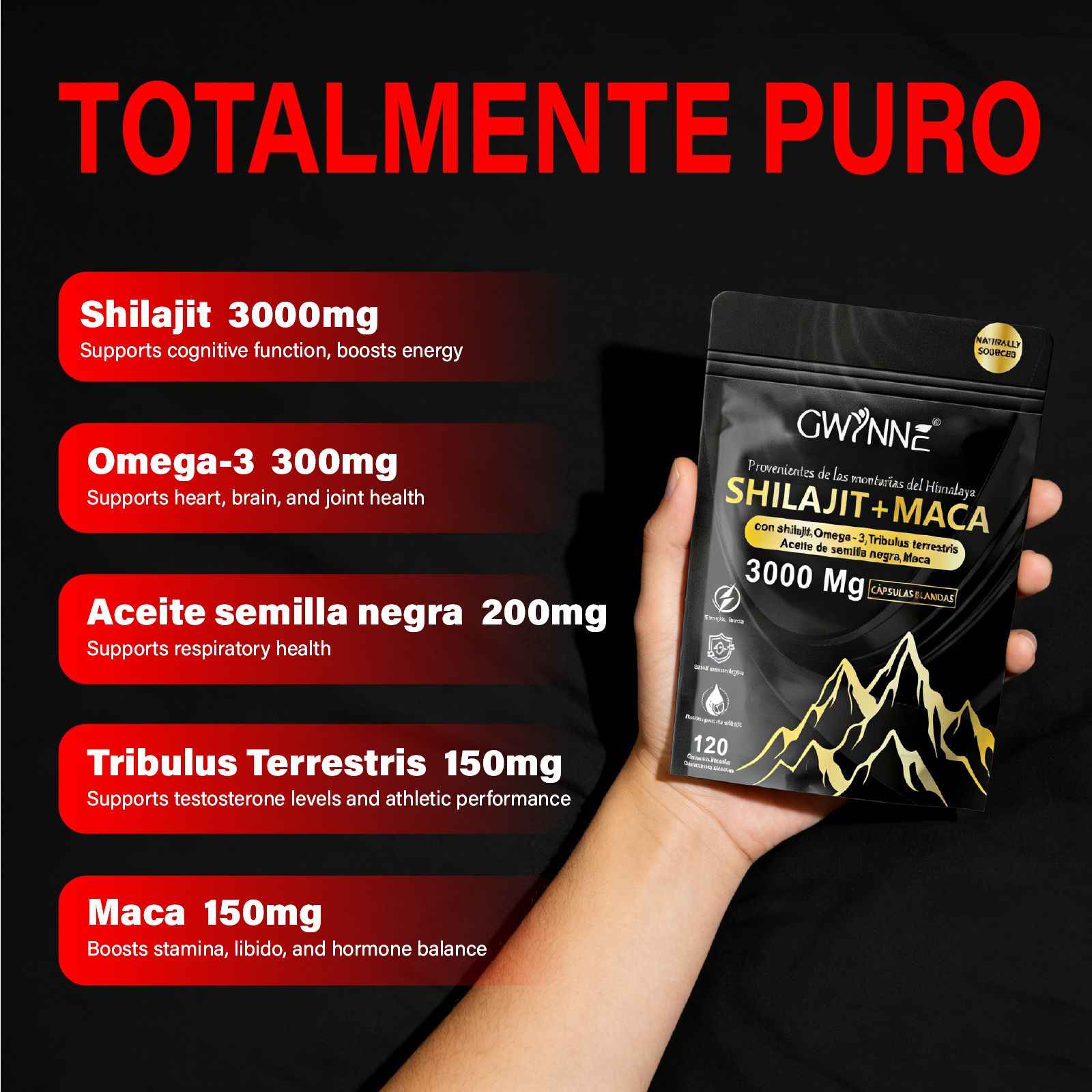Gwynne Shilajit + Maca Del Himalaya 120 Cáps,con Shilajit 3000mg,omega-3,tribulus Y Maca,salud Cardio-cerebra,aumento De Energia,antiinflamatorio Y Antioxidante