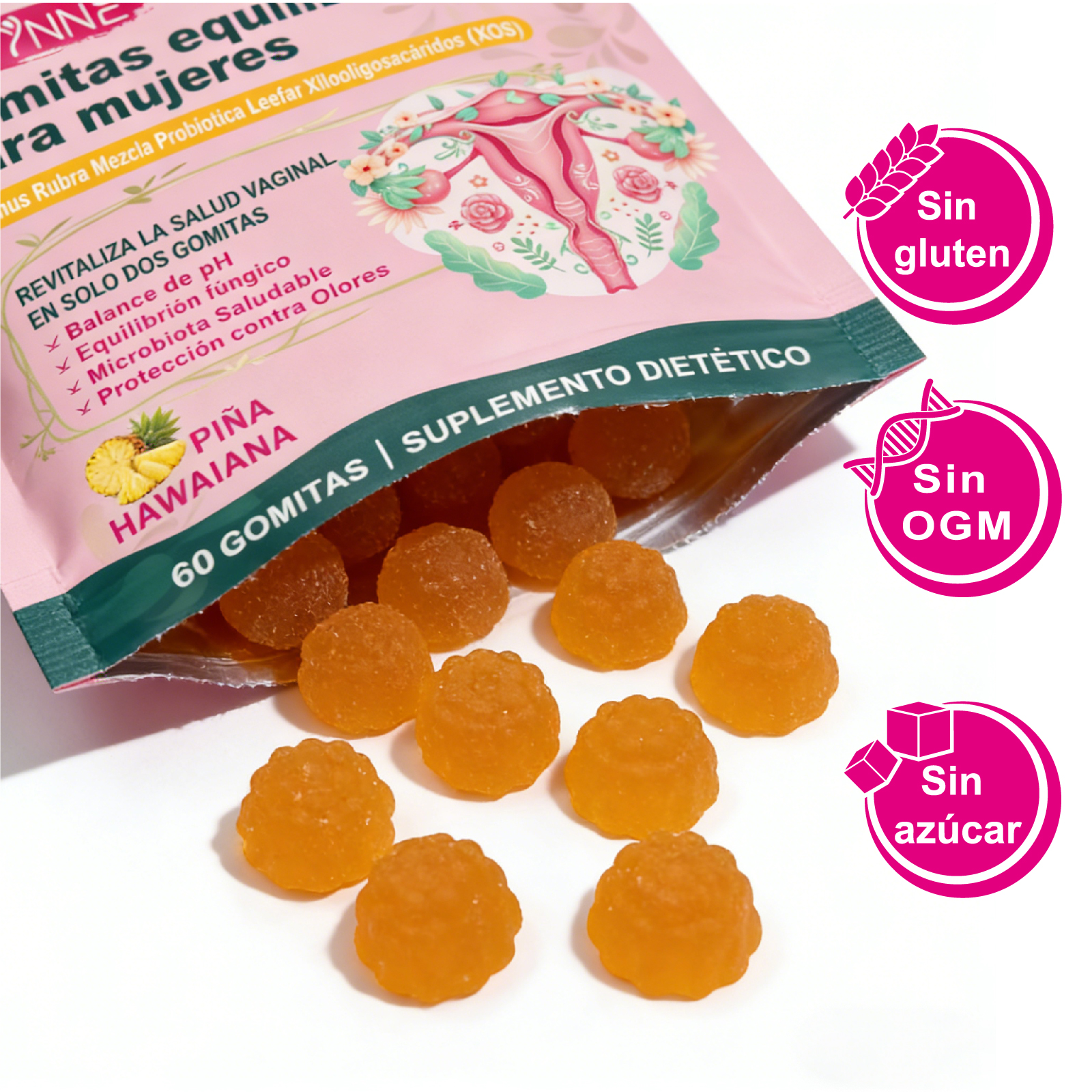 Gwynne Gomitas Probióticos Vaginales Y Balance Para Mujer, Sabor Piña Hawaiana, Soporta El Equilibrio Del Ph,60 Gomita