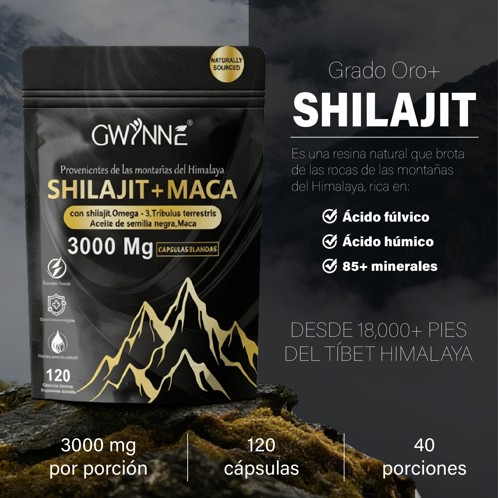 Gwynne Shilajit + Maca Del Himalaya 120 Cáps,con Shilajit 3000mg,omega-3,tribulus Y Maca,salud Cardio-cerebra,aumento De Energia,antiinflamatorio Y Antioxidante