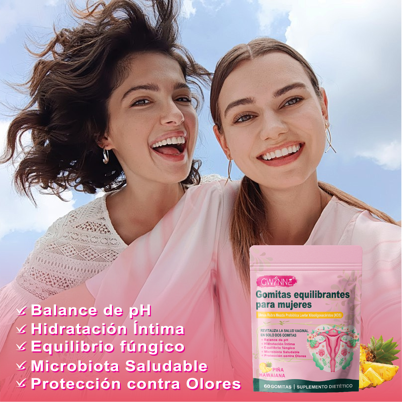 Gwynne Gomitas Probióticos Vaginales Y Balance Para Mujer, Sabor Piña Hawaiana, Soporta El Equilibrio Del Ph,60 Gomita