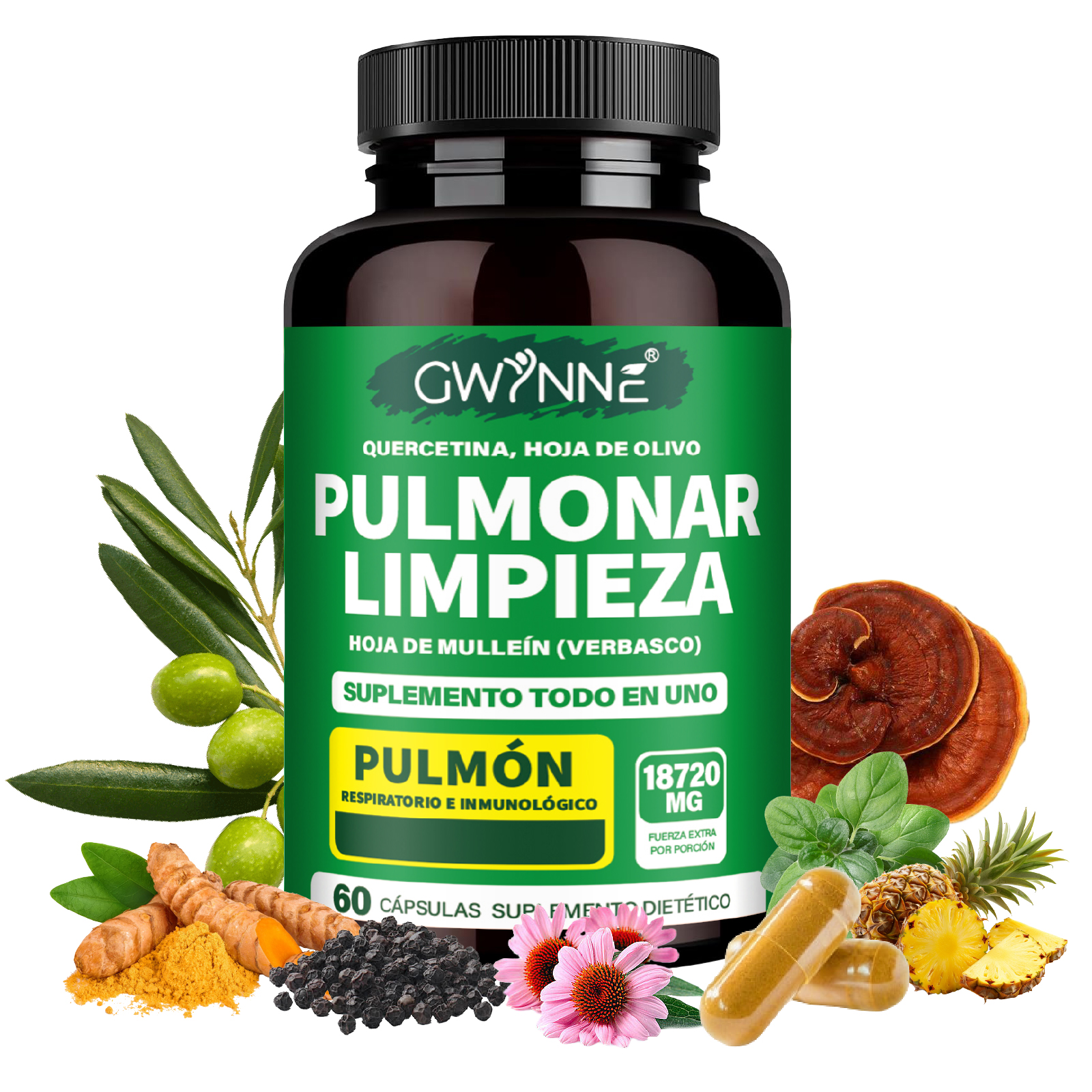 Gwynne Pulmonar Limpieza Suplemento,para Limpieza Pulmonar Y Apoyo Respiratorio Natural,con Marrubio,quercetina Y Hoja De Olivo,respira Libremente Y Fortalece Tu Sistema Inmunológico,60 Cápsulas