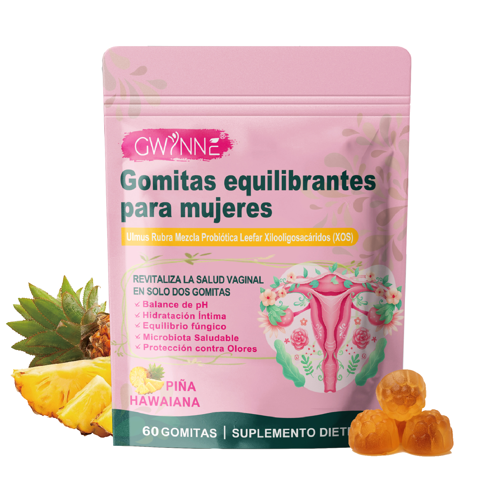 Gwynne Gomitas Probióticos Vaginales Y Balance Para Mujer, Sabor Piña Hawaiana, Soporta El Equilibrio Del Ph,60 Gomita