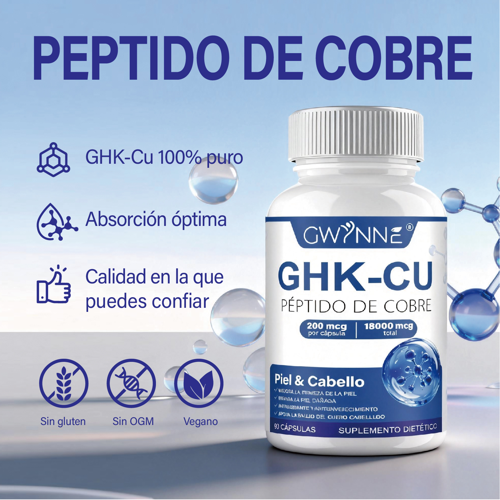 Gwynne Péptido De Cobre Ghk-cu 200mcg,90 Cápsulas De Alta Potencia Promueve La Reparación De La Piel,la Elasticidad Radiante De La Piel,el Anti-envejecimiento Y El Apoyo Al Crecimiento Del Cabello