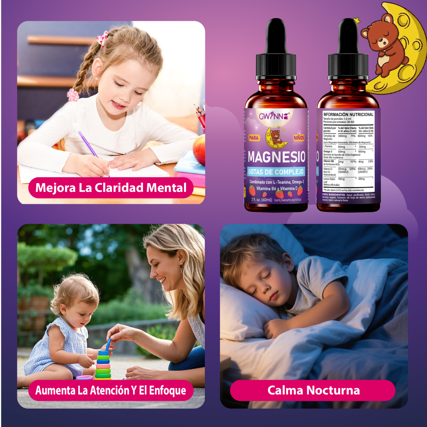 Gwynne Liquido De Magnesio Para Niños,con L-teanina,omega-3,vitamina B6,d3,gotas De Magnesio Para Niños Para Dormir,relajarse,calmarse Y Enfocarse,60ml,sabor A Fresa