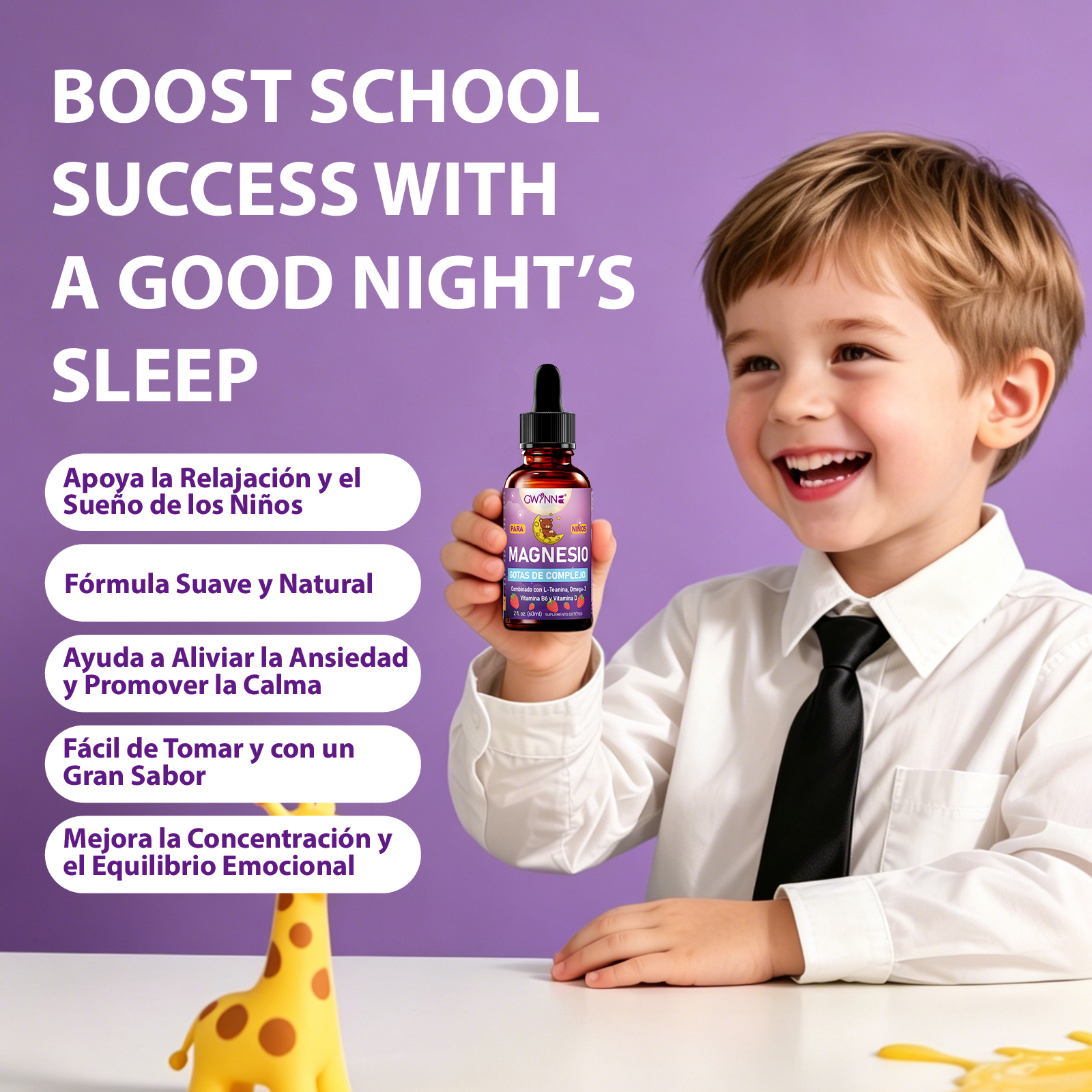 Gwynne Liquido De Magnesio Para Niños,con L-teanina,omega-3,vitamina B6,d3,gotas De Magnesio Para Niños Para Dormir,relajarse,calmarse Y Enfocarse,60ml,sabor A Fresa