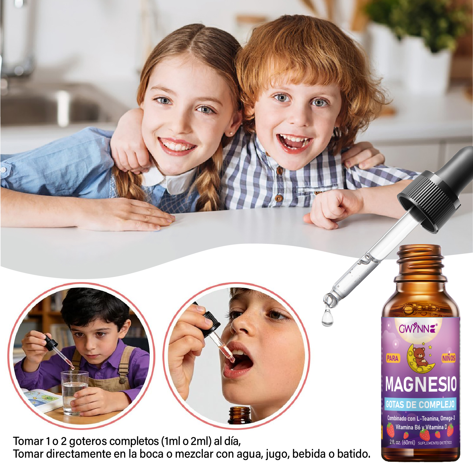 Gwynne Liquido De Magnesio Para Niños,con L-teanina,omega-3,vitamina B6,d3,gotas De Magnesio Para Niños Para Dormir,relajarse,calmarse Y Enfocarse,60ml,sabor A Fresa