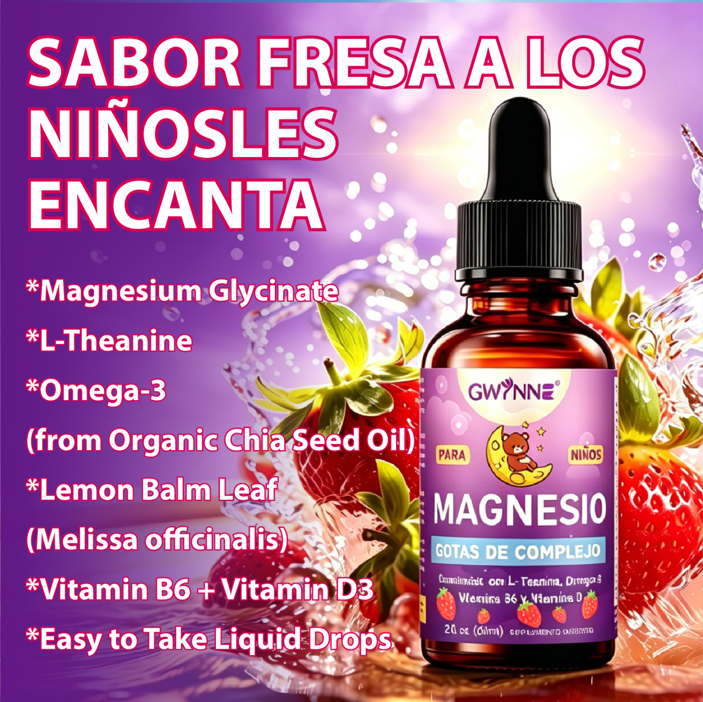 Gwynne Liquido De Magnesio Para Niños,con L-teanina,omega-3,vitamina B6,d3,gotas De Magnesio Para Niños Para Dormir,relajarse,calmarse Y Enfocarse,60ml,sabor A Fresa