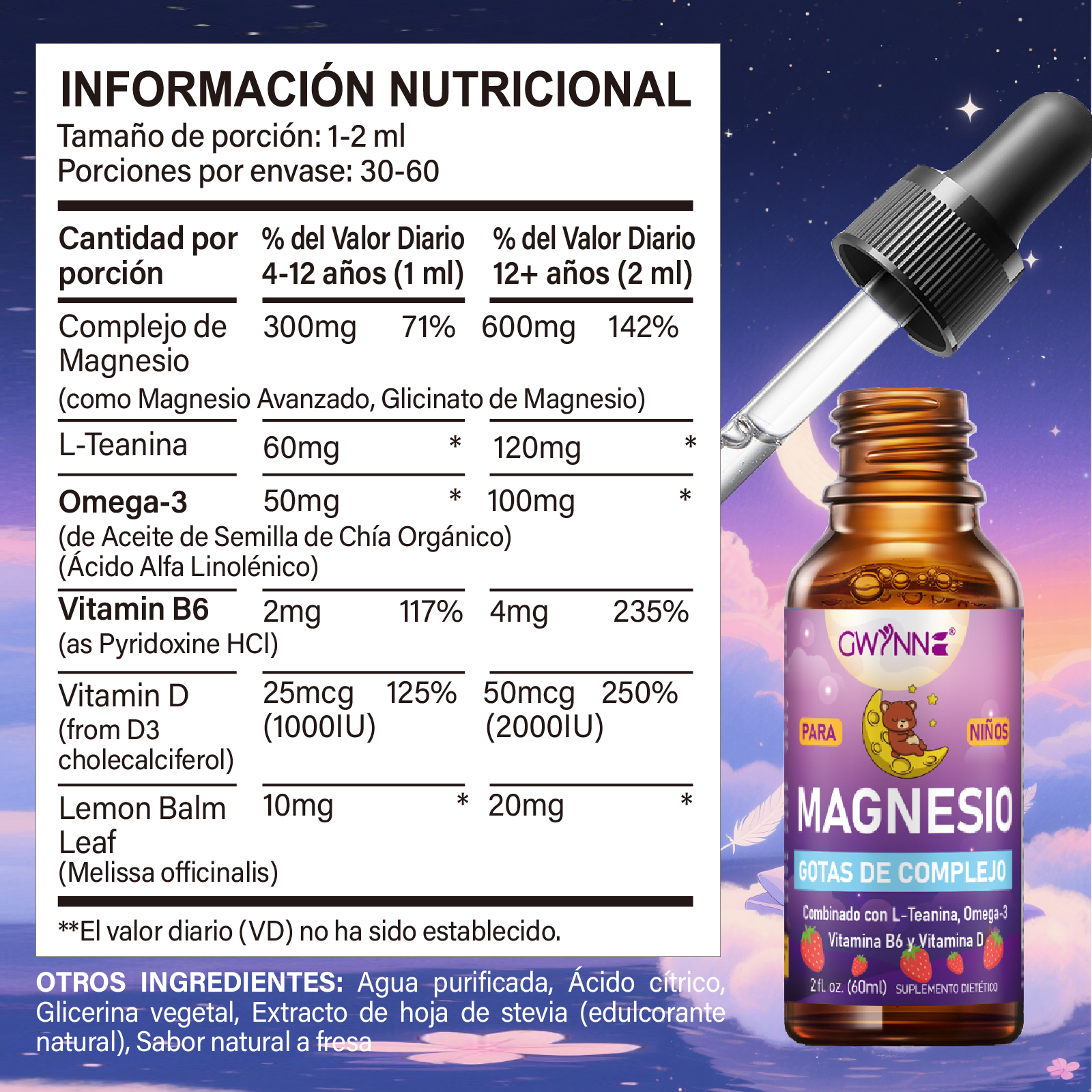 Gwynne Liquido De Magnesio Para Niños,con L-teanina,omega-3,vitamina B6,d3,gotas De Magnesio Para Niños Para Dormir,relajarse,calmarse Y Enfocarse,60ml,sabor A Fresa