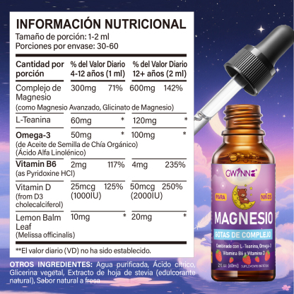 Gwynne Liquido De Magnesio Para Niños,con L-teanina,omega-3,vitamina B6,d3,gotas De Magnesio Para Niños Para Dormir,relajarse,calmarse Y Enfocarse,60ml,sabor A Fresa