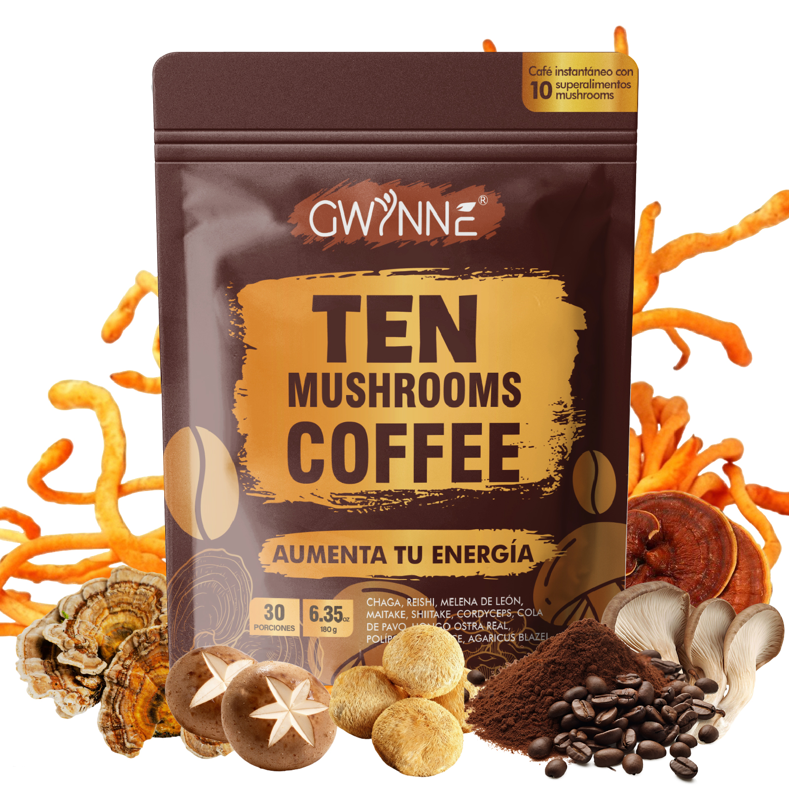 Gwynne Ten Mushrooms Coffee Con Reishi,cordyceps,shiitake Y Melena De León,30 Porciones, Aumenta Energía,concentración,salud Intestinal Y Apoyo Inmunológico,180g