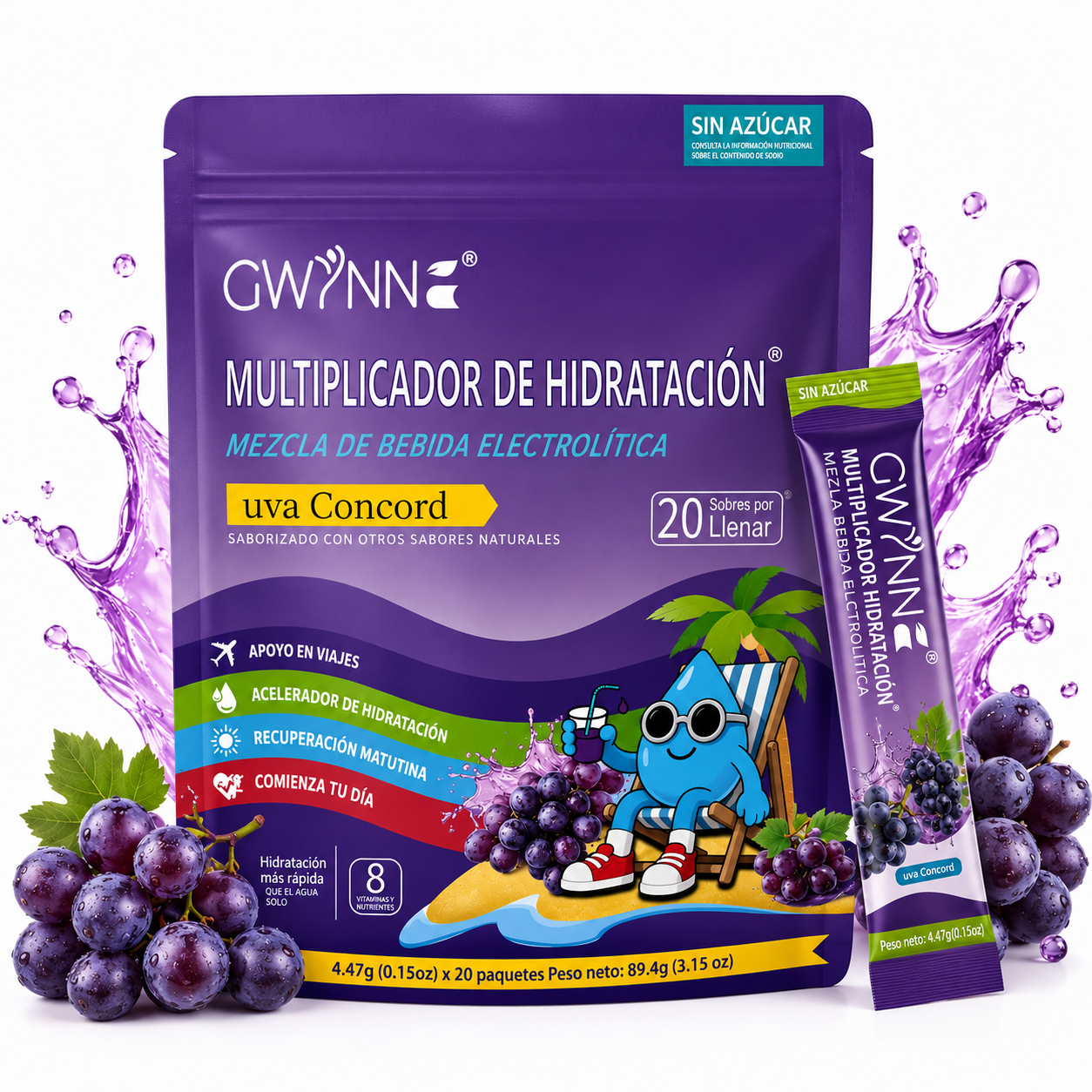 Gwynne Multiplicador De Hidratacion Mezcla De Bebida Electrolitica,supercalm Nutricional Bebidas Mixtas En Polvo Con Sodio ,vitamina C Y B12,sabor A Uva 20 Unidade
