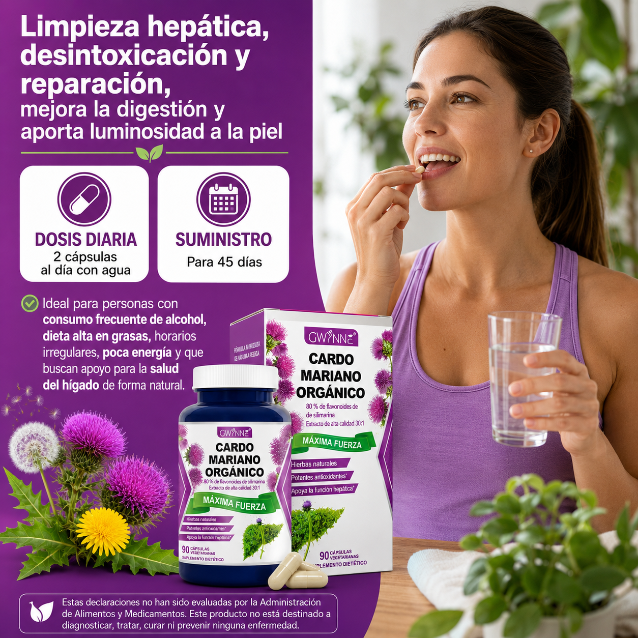 Gwynne Cardo Mariano Orgánico Cápsulas,silymarin Milk Thistle 30:1 Extracto,apoyo A La Desintoxicación Y Reparación Del Hígado,apoyo A Los Antioxidantes,muscular Y Óseo,90 Cápsulas