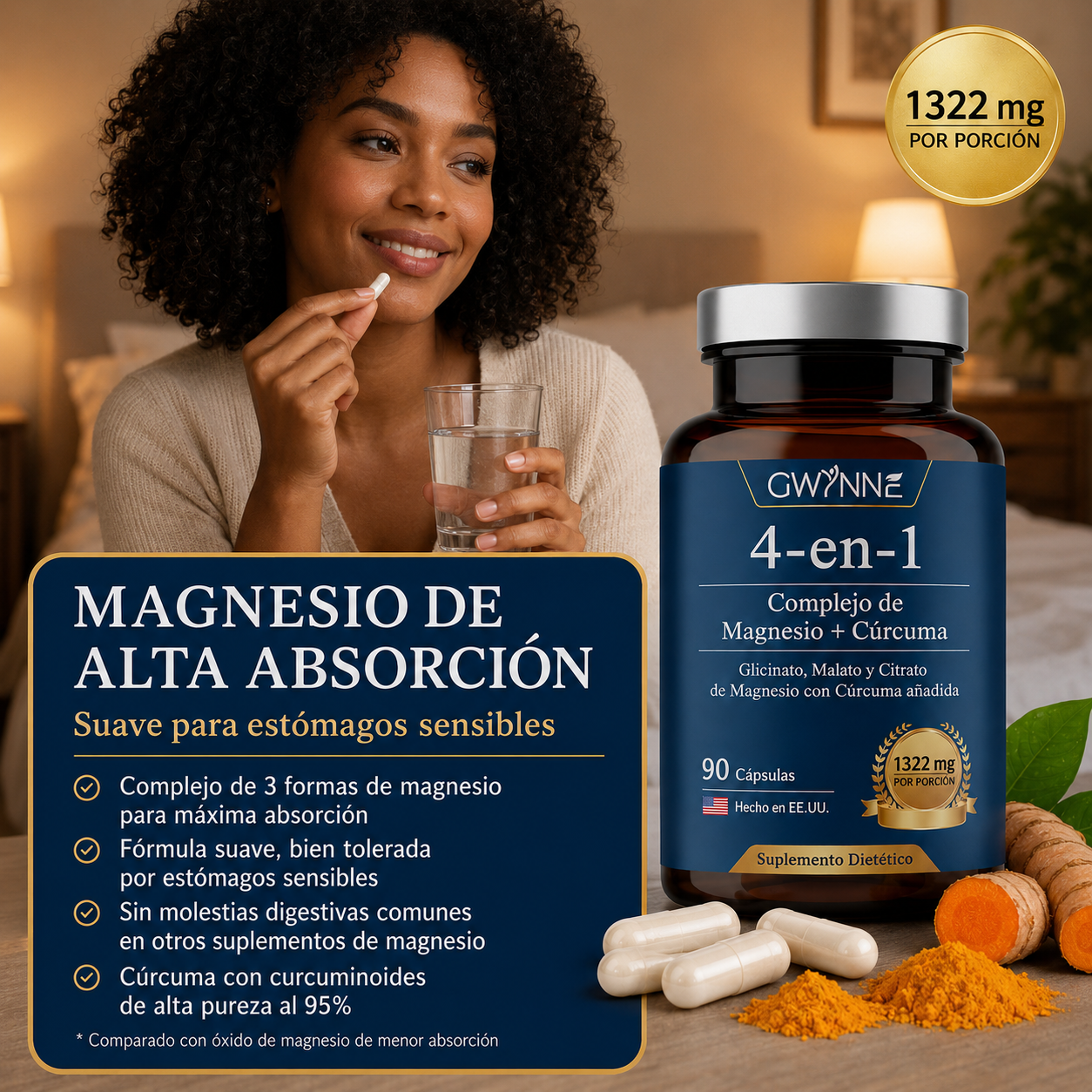 Gwynne 4 En 1 Triple Magnesium Complex:1322mg De Glicinato De Magnesio,malato De Magnesio Y Citrato De Magnesio,2000 Mg De Curcumina,para Fortalecer Los Músculos,los Nervios Y La Energía 90 Cápsulas