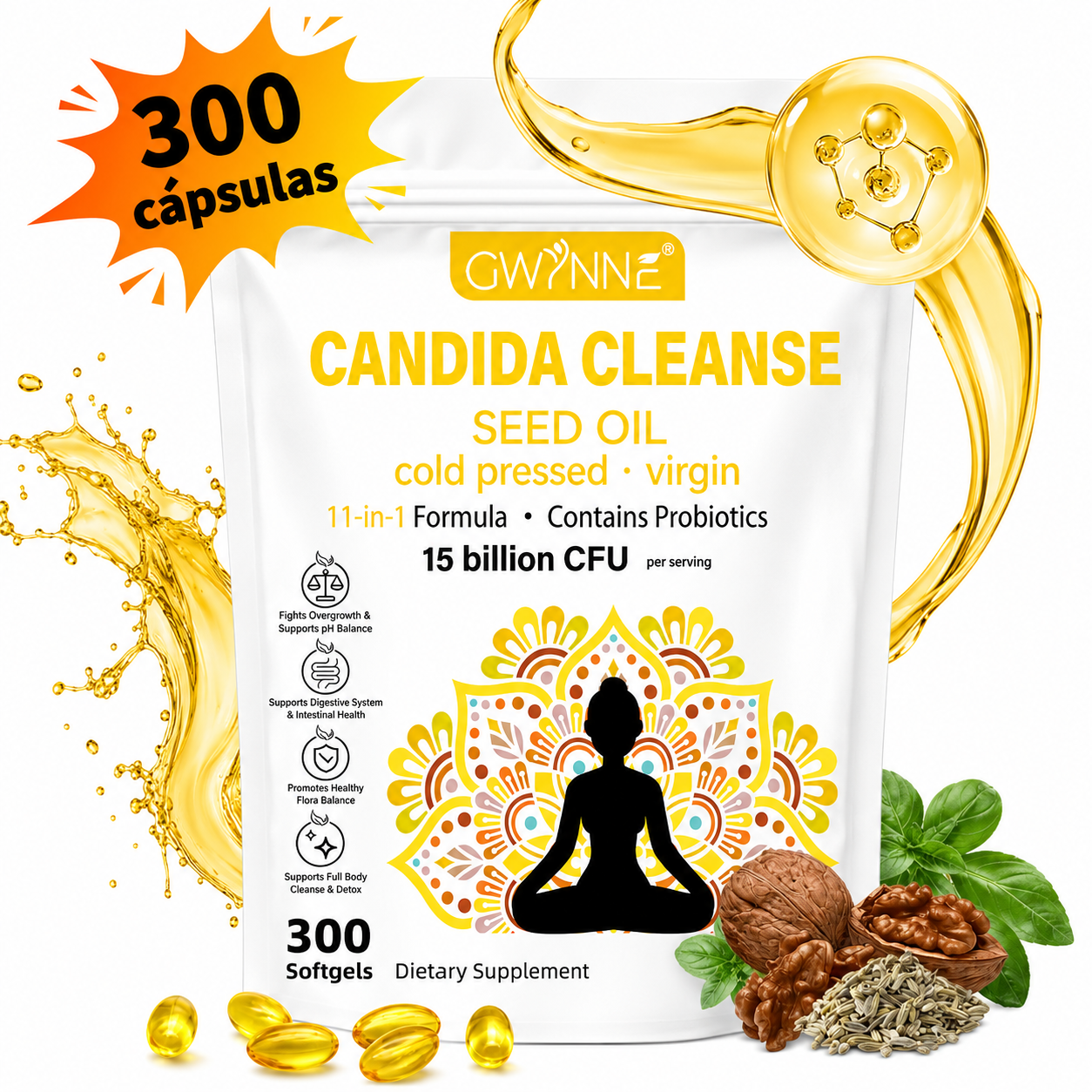 Gwynne Candida Cleanse Seed Oil Cápsulas,hierbas Naturales Para La Desintoxicación Intestinal Con 15 Billion Cfu,300 Cápsulas,11-in-1 Formula Con Hoja De Orégano,ácido Caprílico Y Probiotics