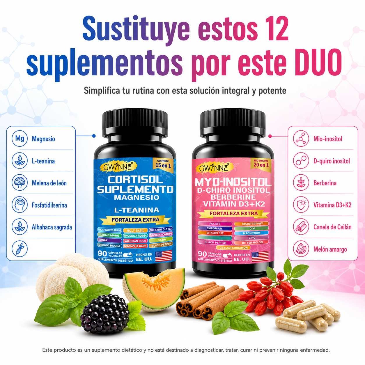 Gwynne Suplemento De Cortisol 90 Cápsulas + Suplemento De Inositol Myo-inositol Y D 90 Cápsulas,con Glicinato De Magnesio,vitamina B12 Y K2
