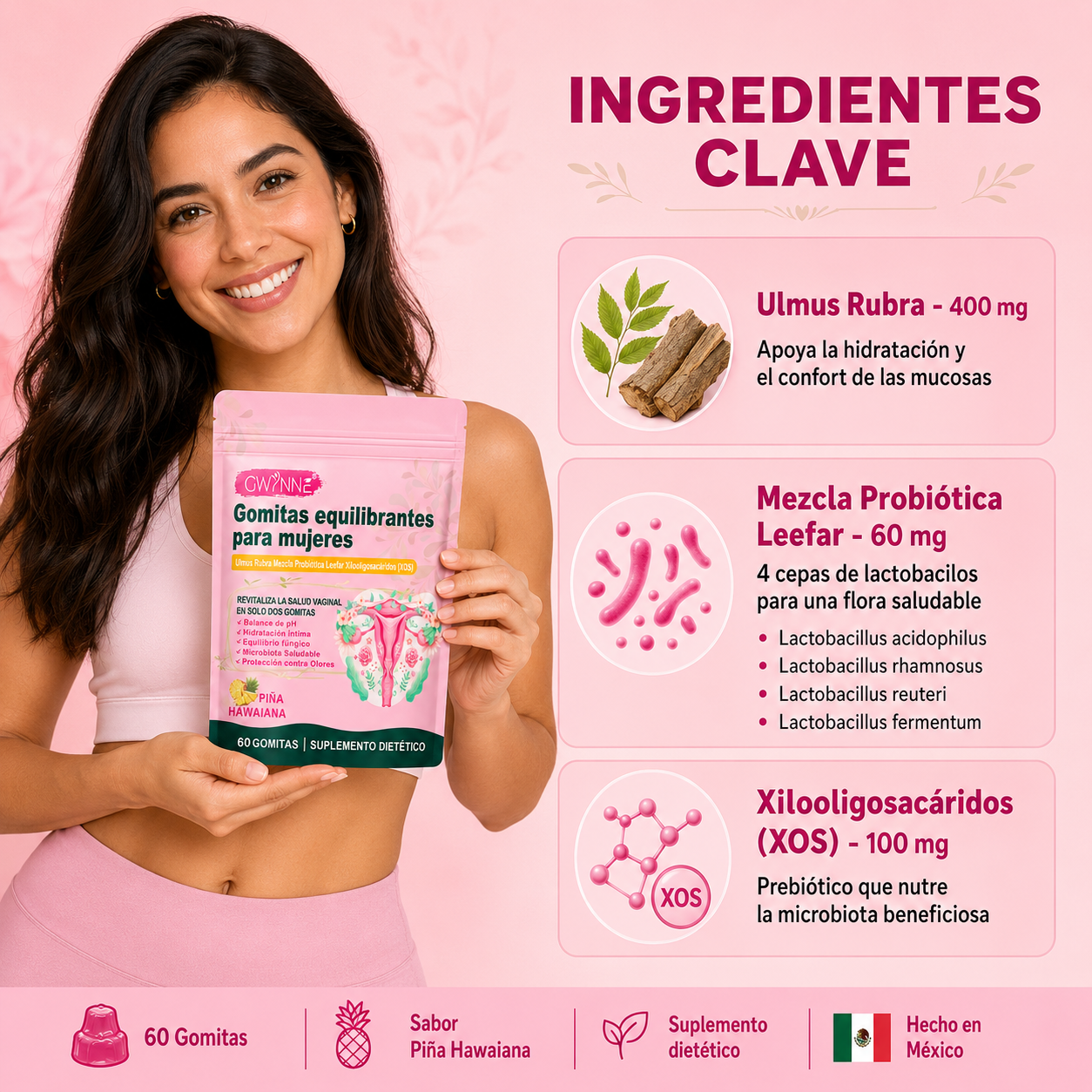 Gwynne Gomitas Probióticos Vaginales Y Balance Para Mujer, Sabor Piña Hawaiana, Soporta El Equilibrio Del Ph,60 Gomita