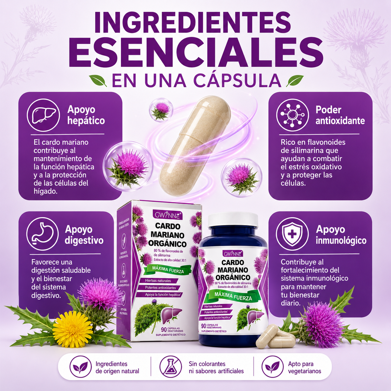 Gwynne Cardo Mariano Orgánico Cápsulas,silymarin Milk Thistle 30:1 Extracto,apoyo A La Desintoxicación Y Reparación Del Hígado,apoyo A Los Antioxidantes,muscular Y Óseo,90 Cápsulas