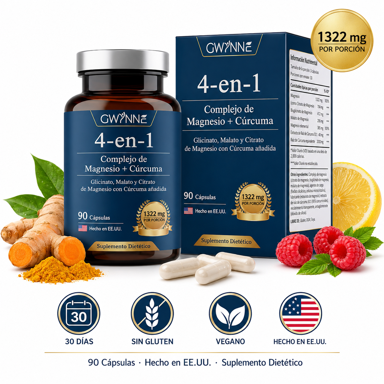 Gwynne 4 En 1 Triple Magnesium Complex:1322mg De Glicinato De Magnesio,malato De Magnesio Y Citrato De Magnesio,2000 Mg De Curcumina,para Fortalecer Los Músculos,los Nervios Y La Energía 90 Cápsulas