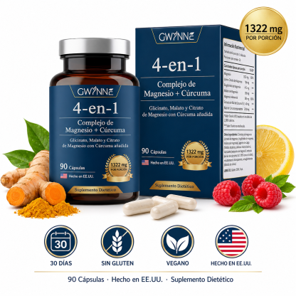 Gwynne 4 En 1 Triple Magnesium Complex:1322mg De Glicinato De Magnesio,malato De Magnesio Y Citrato De Magnesio,2000 Mg De Curcumina,para Fortalecer Los Músculos,los Nervios Y La Energía 90 Cápsulas