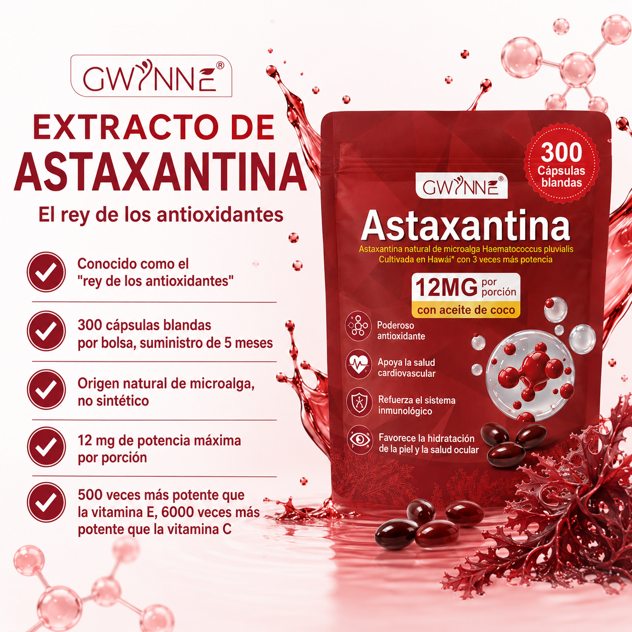 Gwynne Astaxantina 12 Mg 300 Cápsulas Blandas Antioxidante,astaxantina Antioxidant From Fresh Haematococcus Pluvialis,apoya La Salud Ocular, Articular Y Cutánea