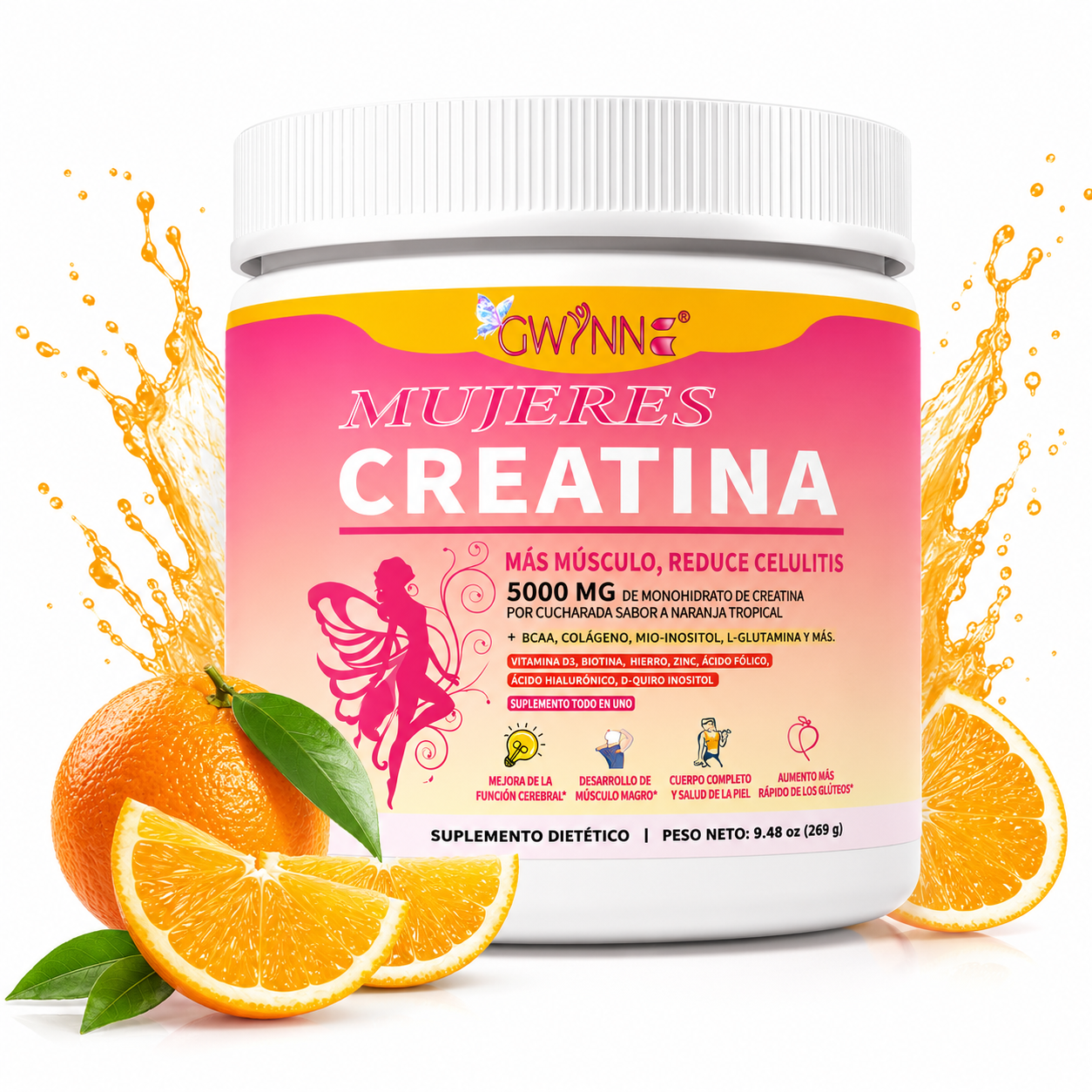 Gwynne Suplemento De Creatina Para Mujeres 269g-5000mg De Creatina,con Colágeno,mioinositol Y Bcaa,apoya El Desarrollo Muscular,la Elasticidad De La Piel,el Cabello Saludable Y Las Uñas