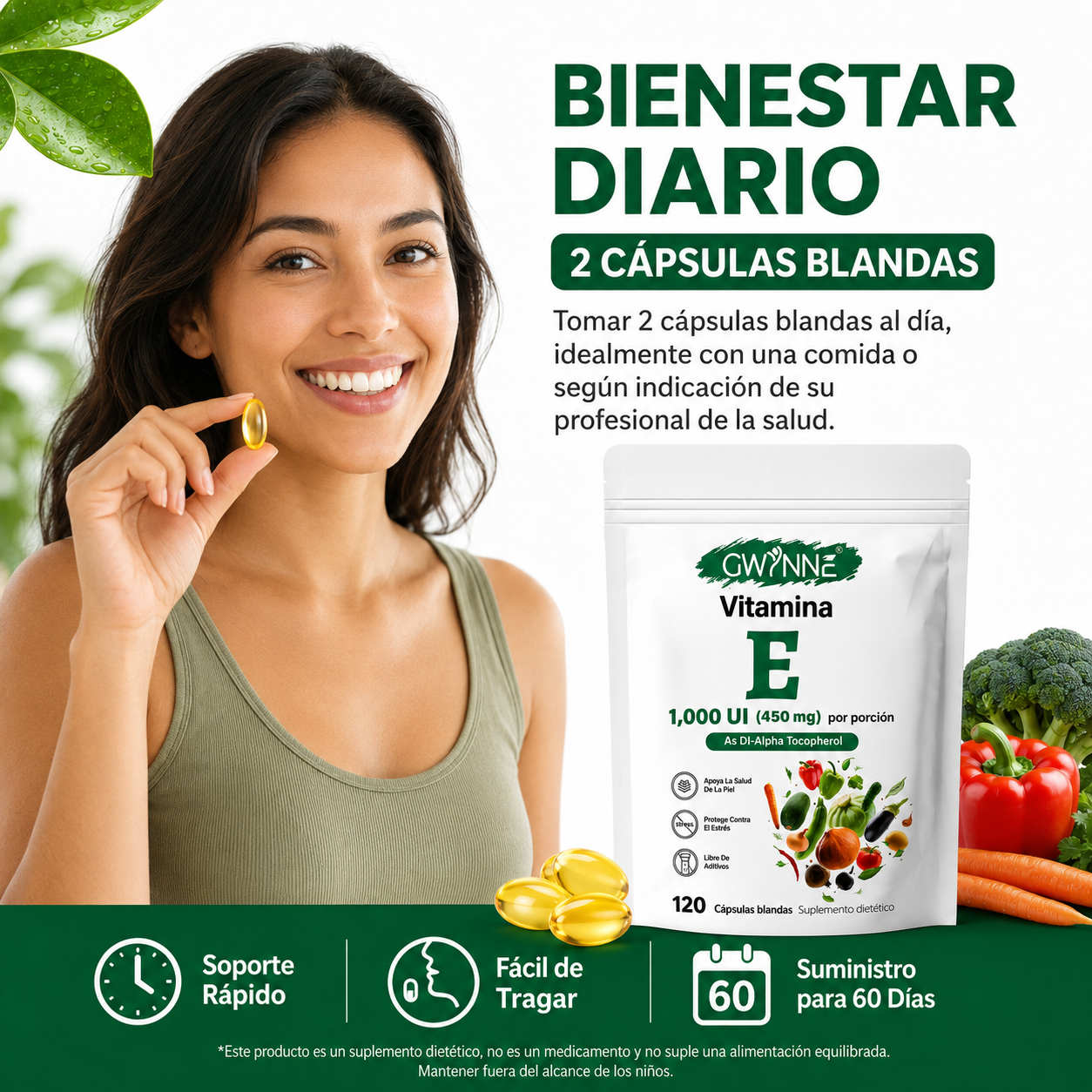 Gwynne Vitamina E 1000 Ui (450mg),as Dl-alpha Tocopherol, Apoyo Aliviar El Estrés,antioxidante Y Salud De La Piel,120 Cápsulas