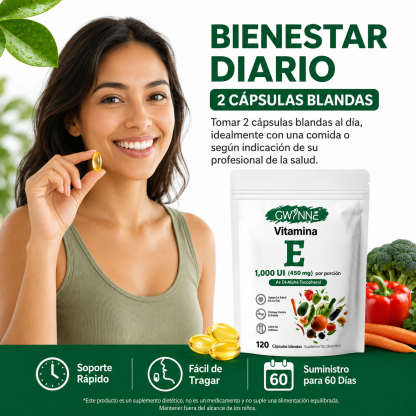 Gwynne Vitamina E 1000 Ui (450mg),as Dl-alpha Tocopherol, Apoyo Aliviar El Estrés,antioxidante Y Salud De La Piel,120 Cápsulas