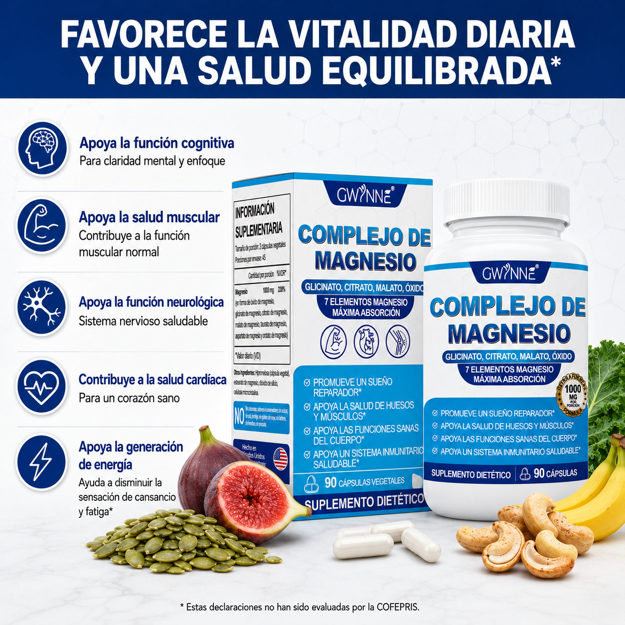 Gwynne Suplemento Complejo De Magnesio 7 Elemental 1000mg - Glicinato,citrato,malato,taurato De Magnesio, Quelatado Para Fácil Absorción Para Huesos,músculos,recuperación,energía,90 Cápsulas