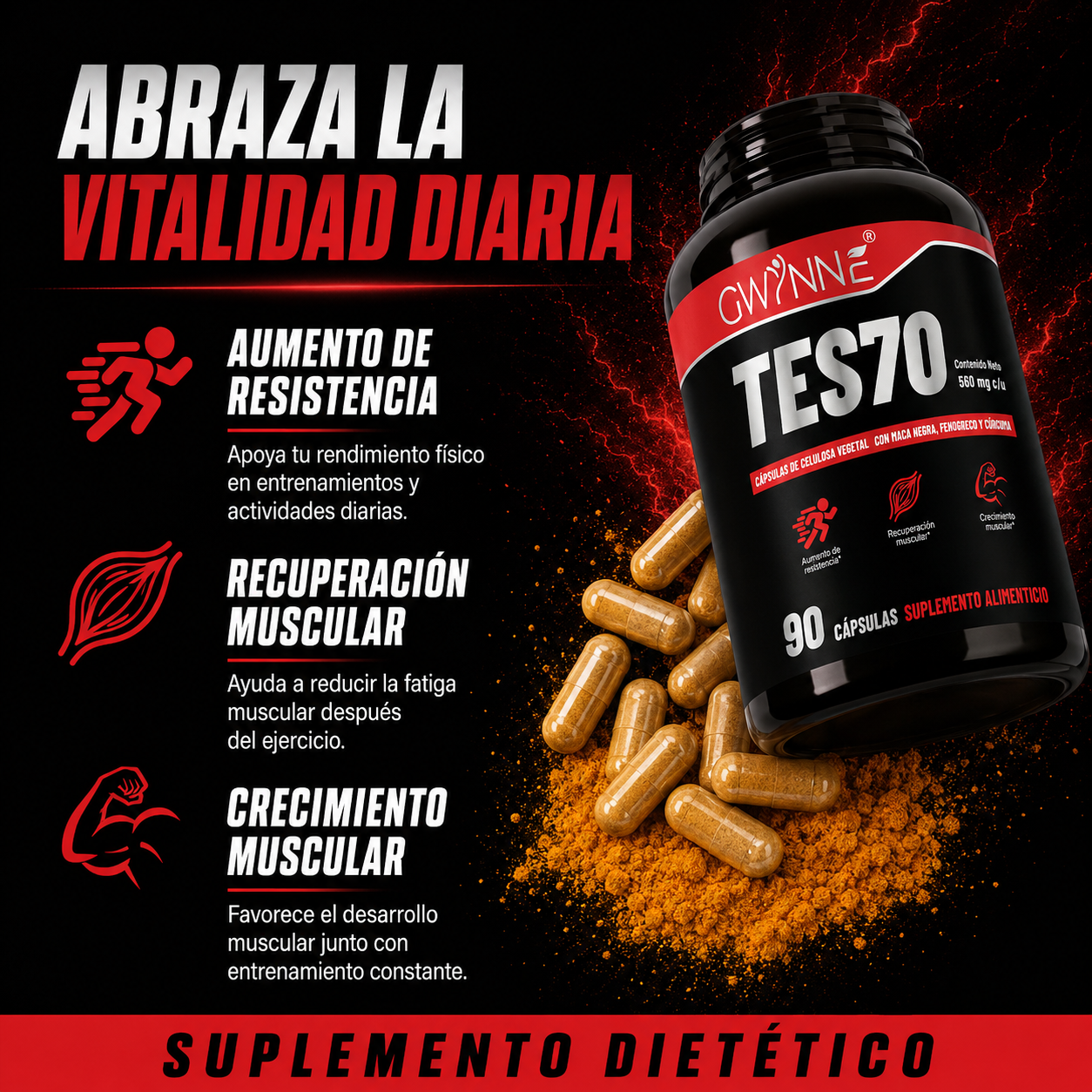 Gwynne Tes70 560mg Con Maca Negra,fenogreco,creatina Y Cúrcuma,aumento De Resistencia, Recuperación Muscular Y Crecimiento Muscular,90 Cápsulas